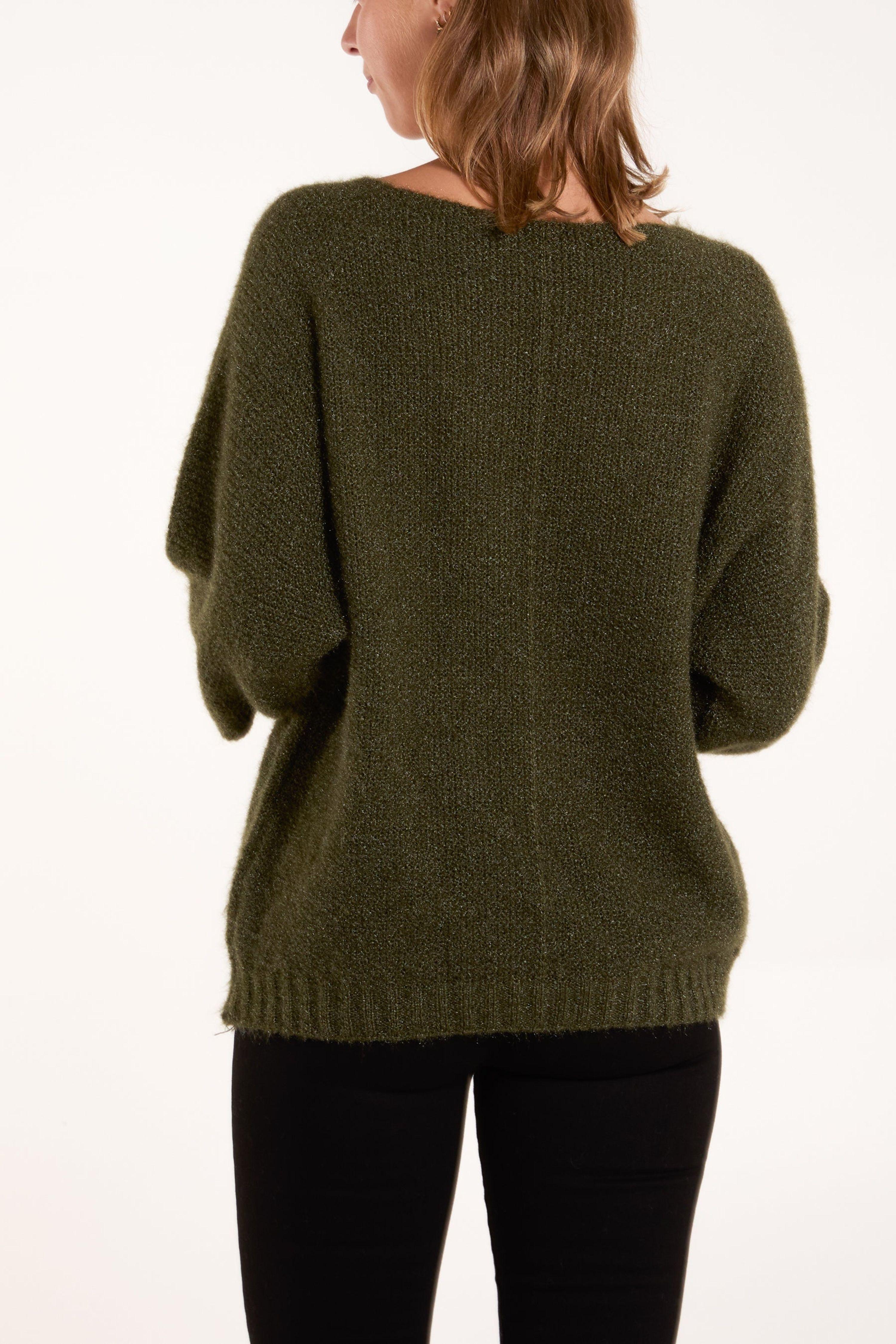 Khaki Fluffy Textured V Neck Jumper by BLUE VANILLA