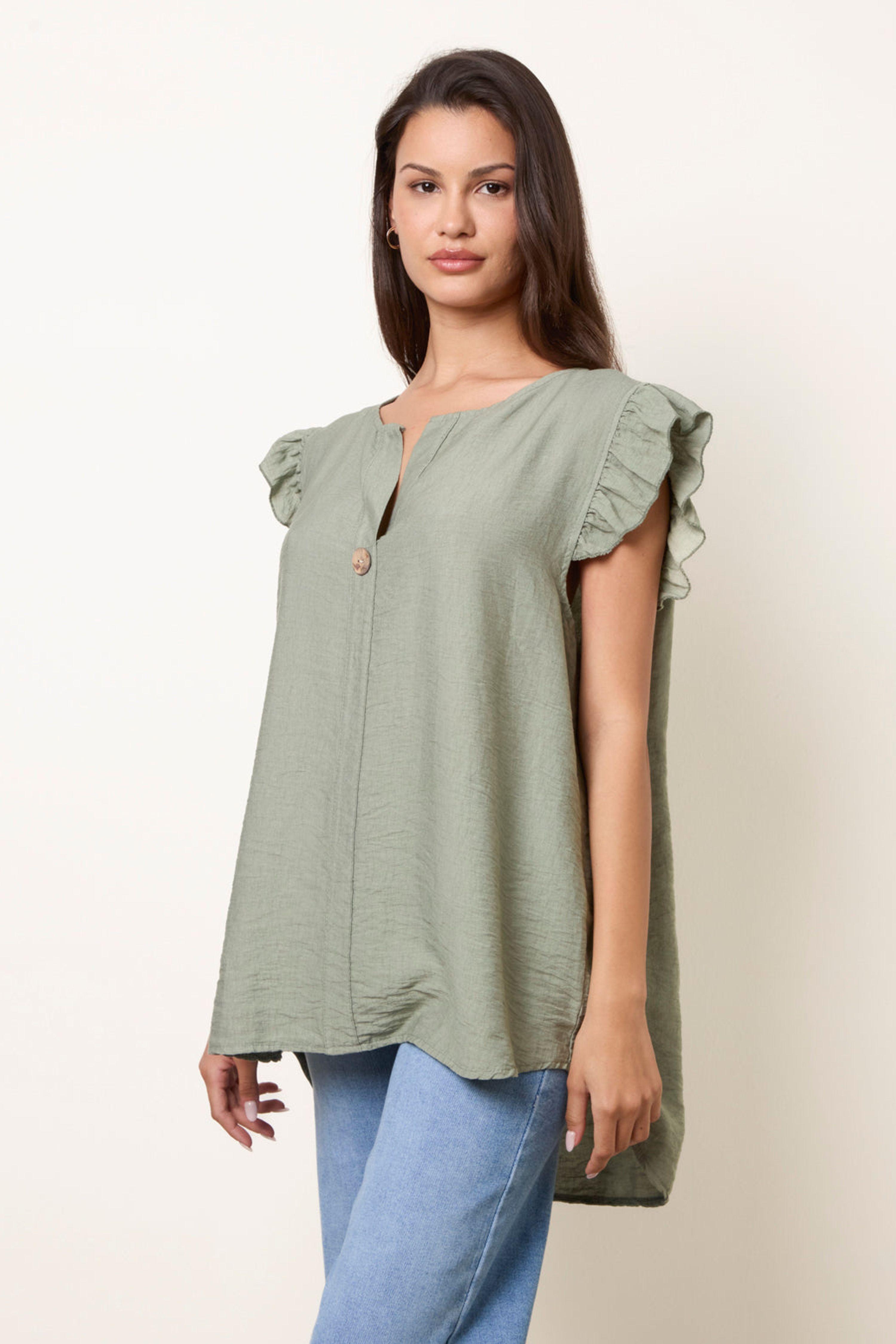 Khaki One Button Frill Sleeve Top by BLUE VANILLA