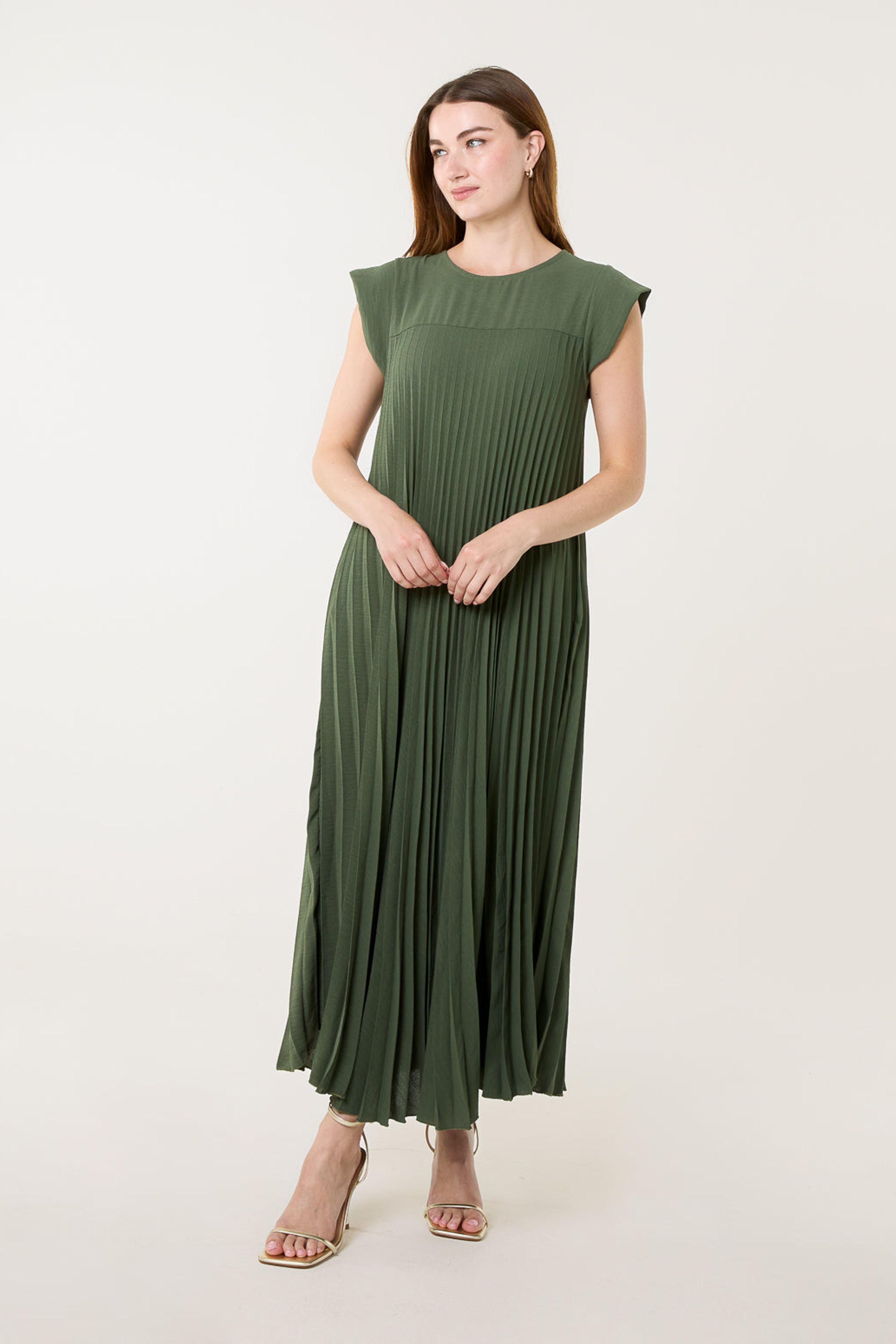 Khaki Pleated Plain Long Dress by BLUE VANILLA