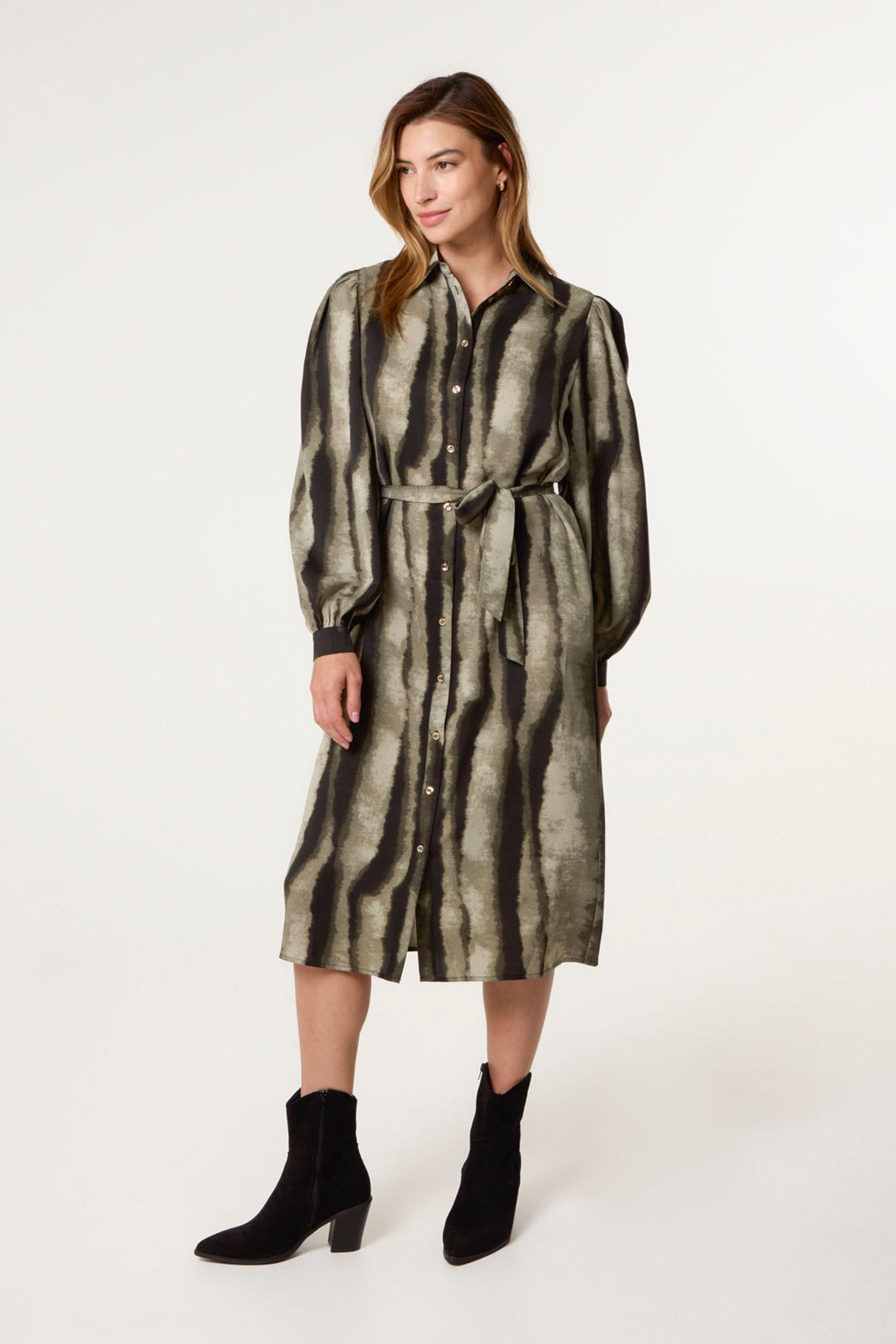 Khaki Printed Puff Sleeve Button Through Midi Dress by BLUE VANILLA