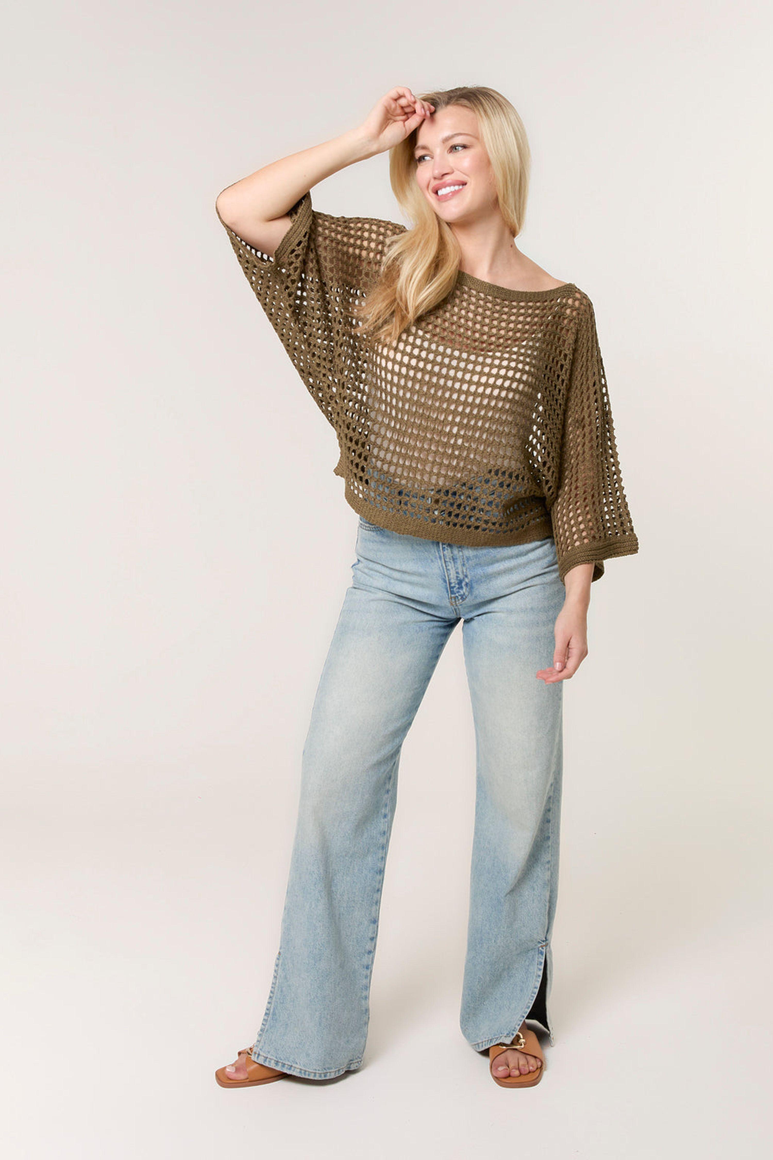 Khaki Round Neck Net Top by BLUE VANILLA