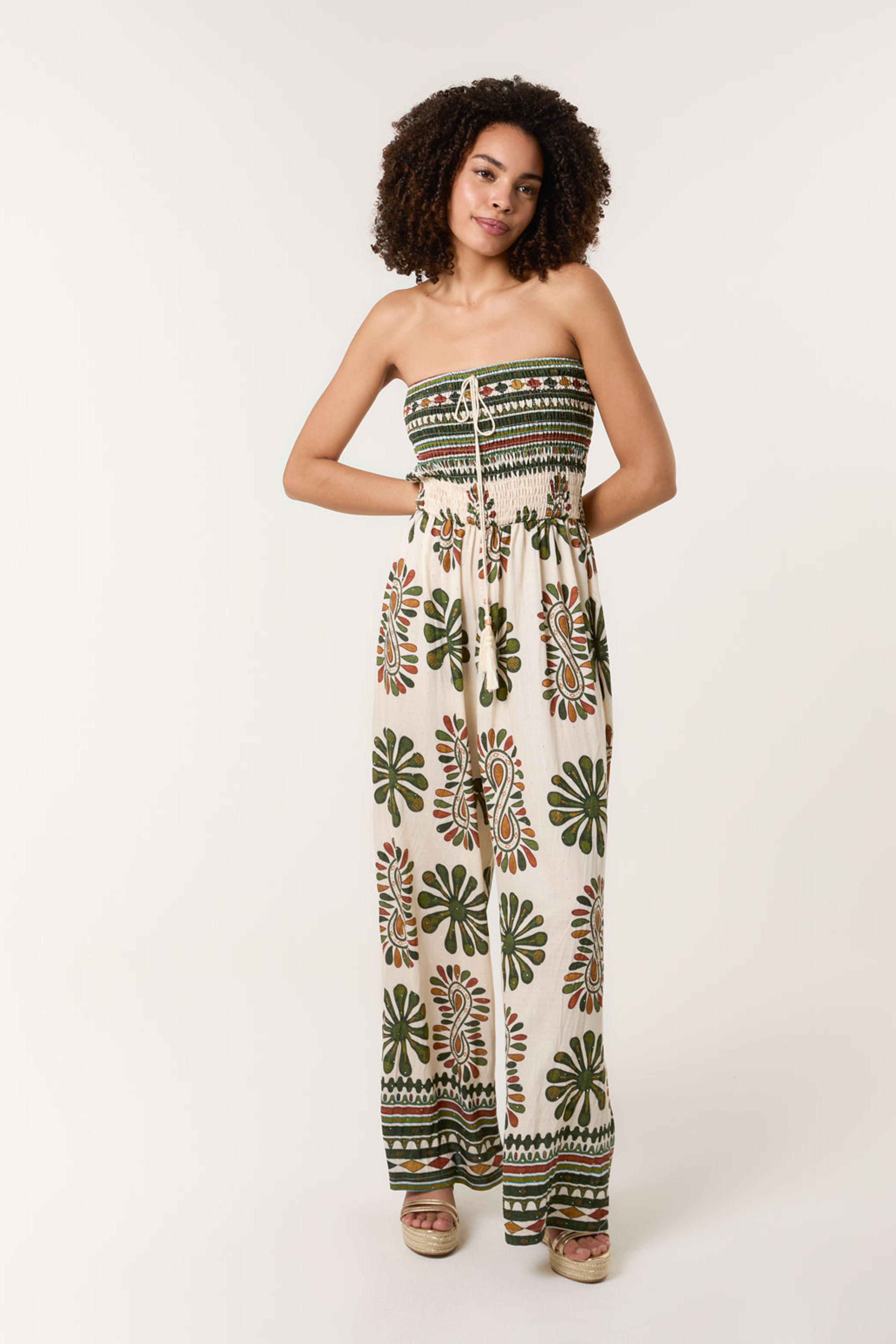 Khaki Strapless Elasticated Printed Jumpsuit by BLUE VANILLA