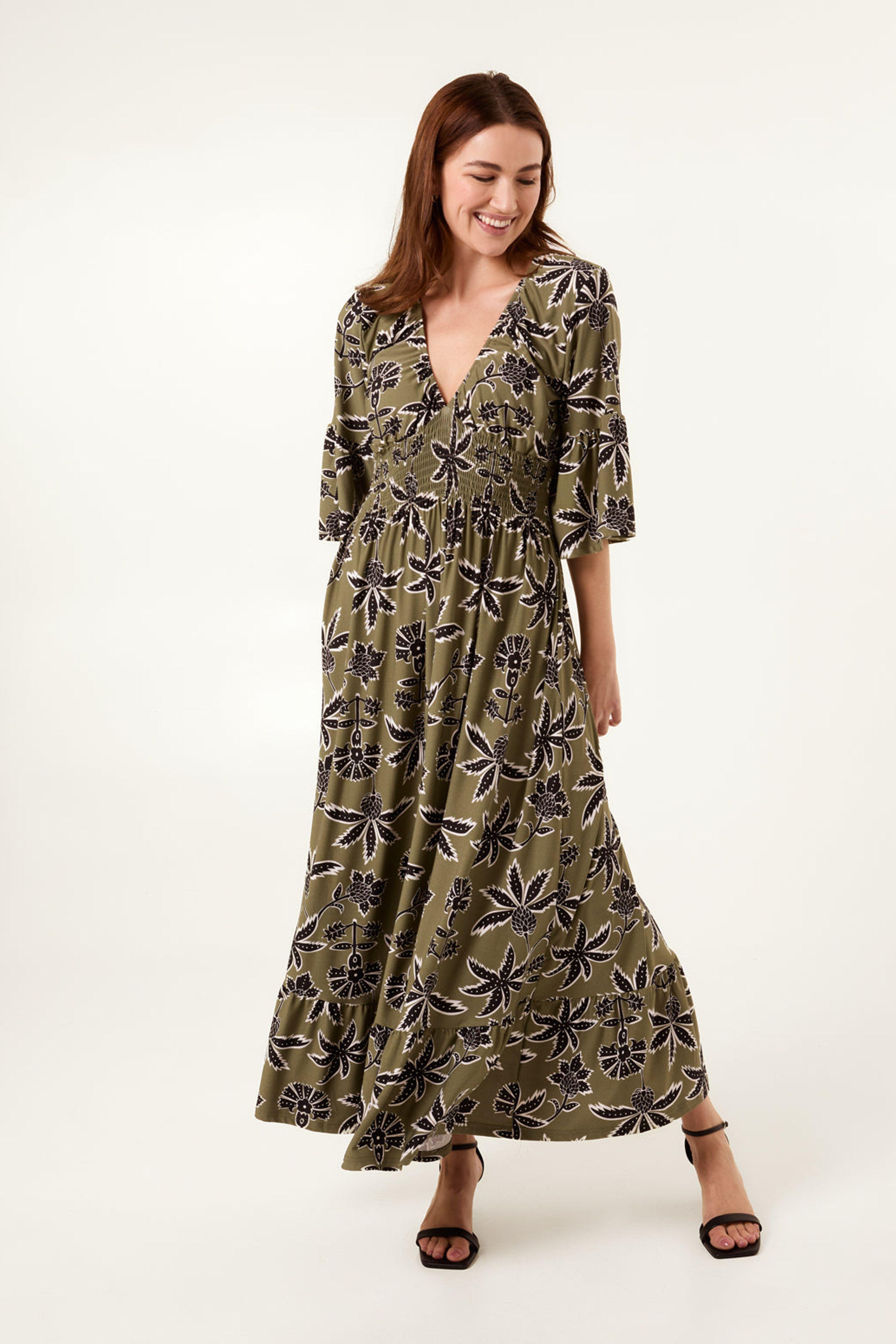 Khaki Tropical Print Shirred Waist Maxi Dress by BLUE VANILLA