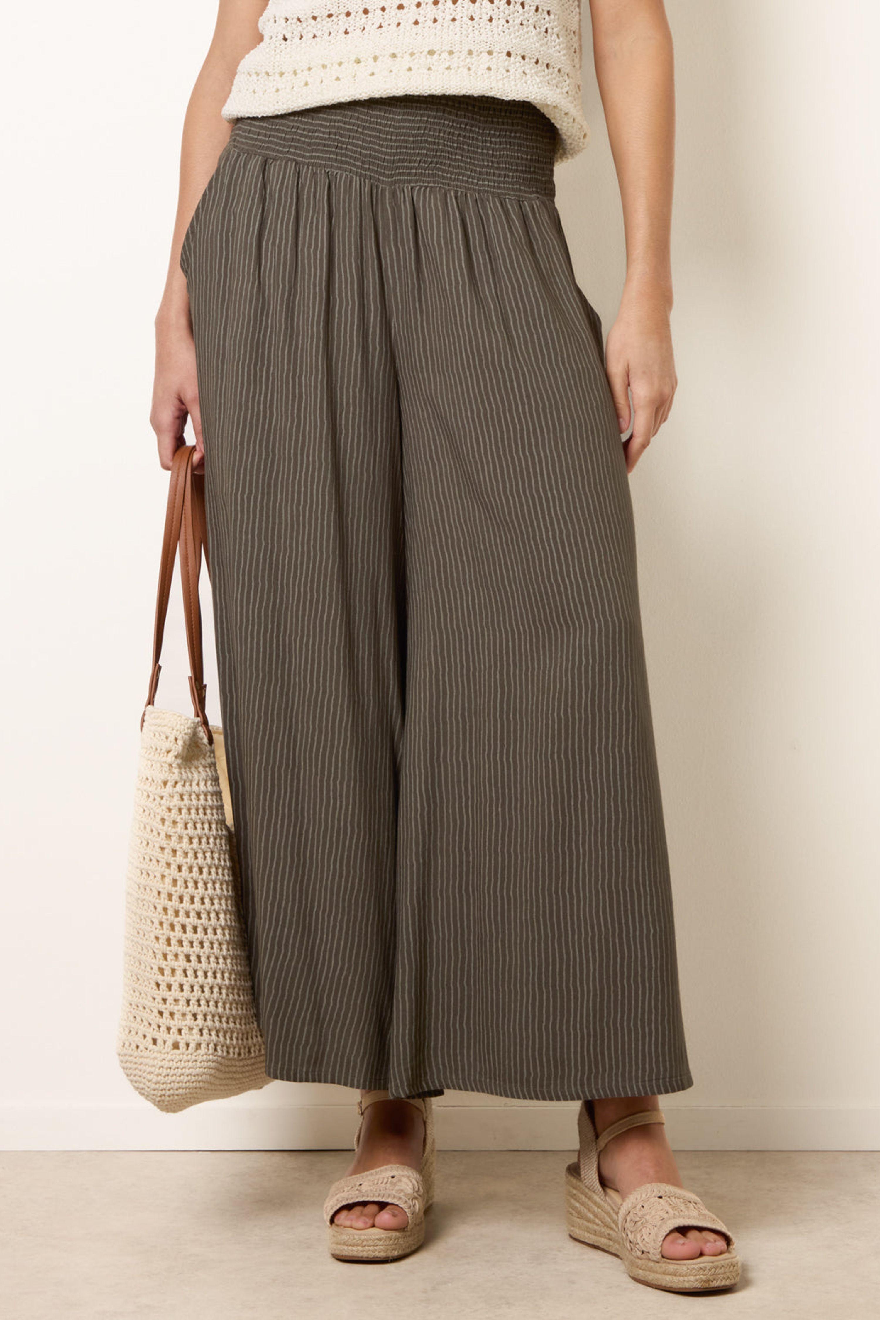 Khaki Wide Leg Shirred Waist Wavy Trousers by BLUE VANILLA