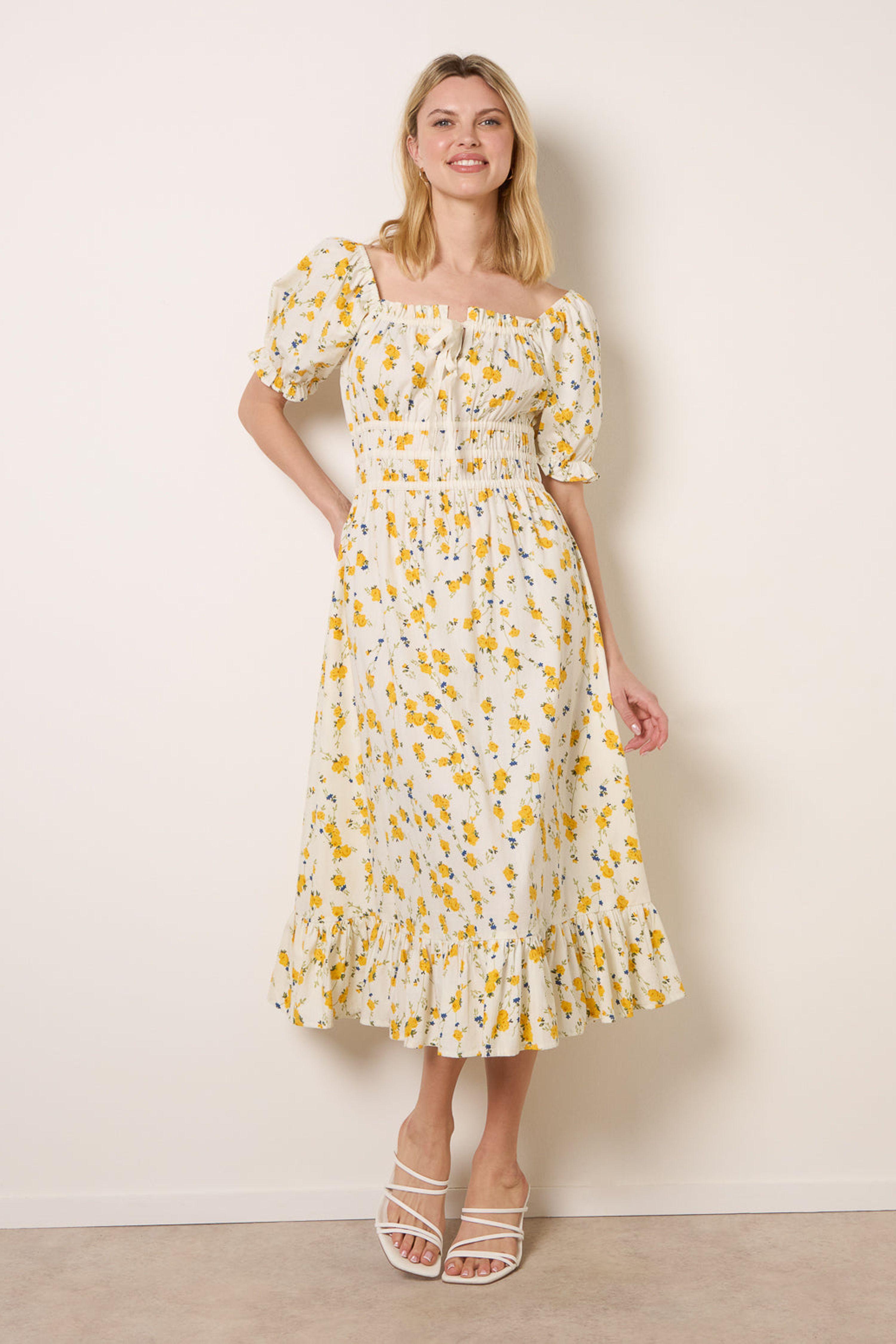 Lemon Ditsy Floral Poplin Milkmaid Midi Dress by BLUE VANILLA