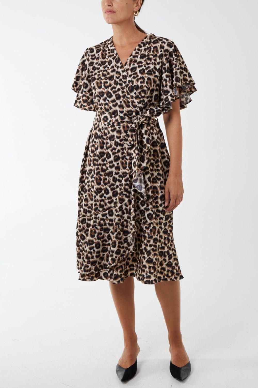 Leopard Print Ruffle Wrap Midi Dress by BLUE VANILLA