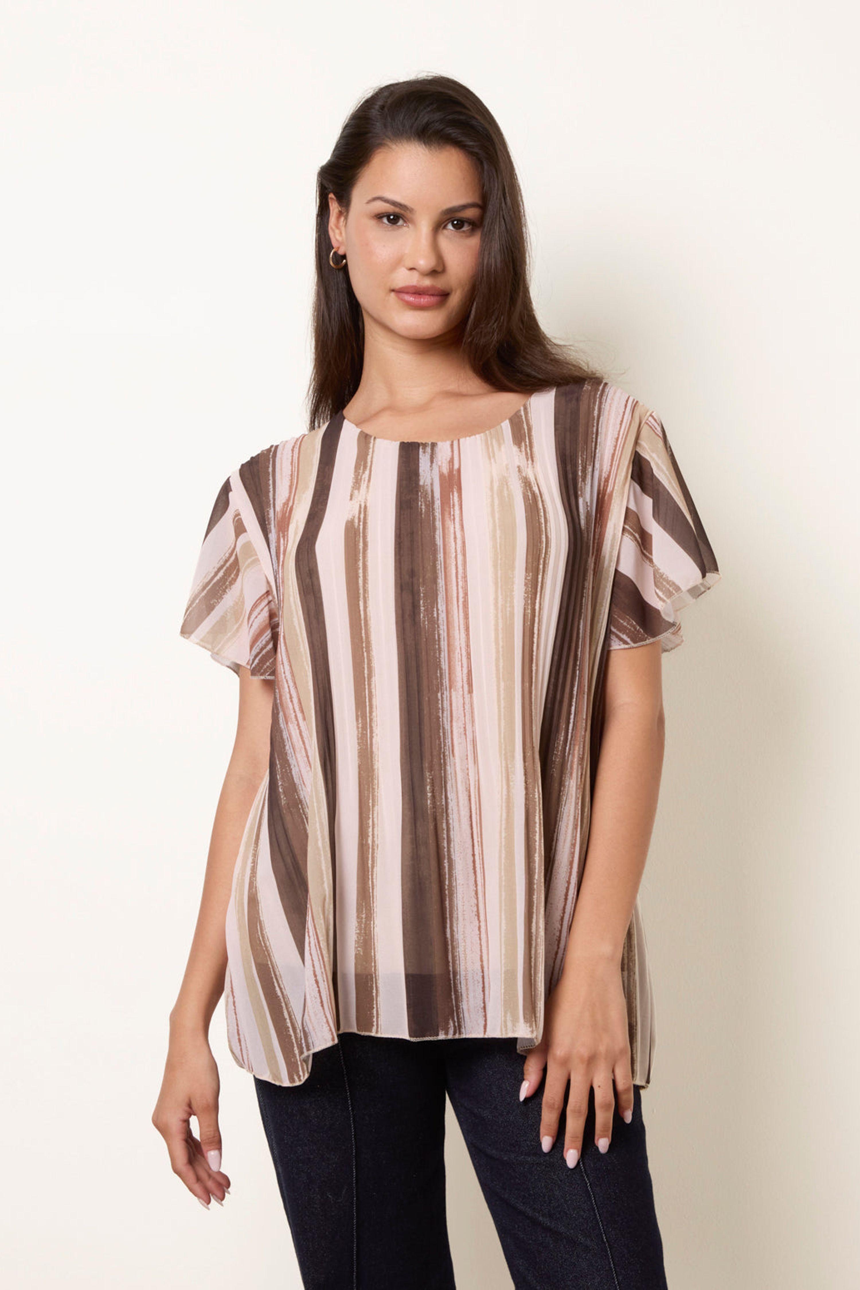 Light Brown Short Sleeve Pleated Paint Top by BLUE VANILLA