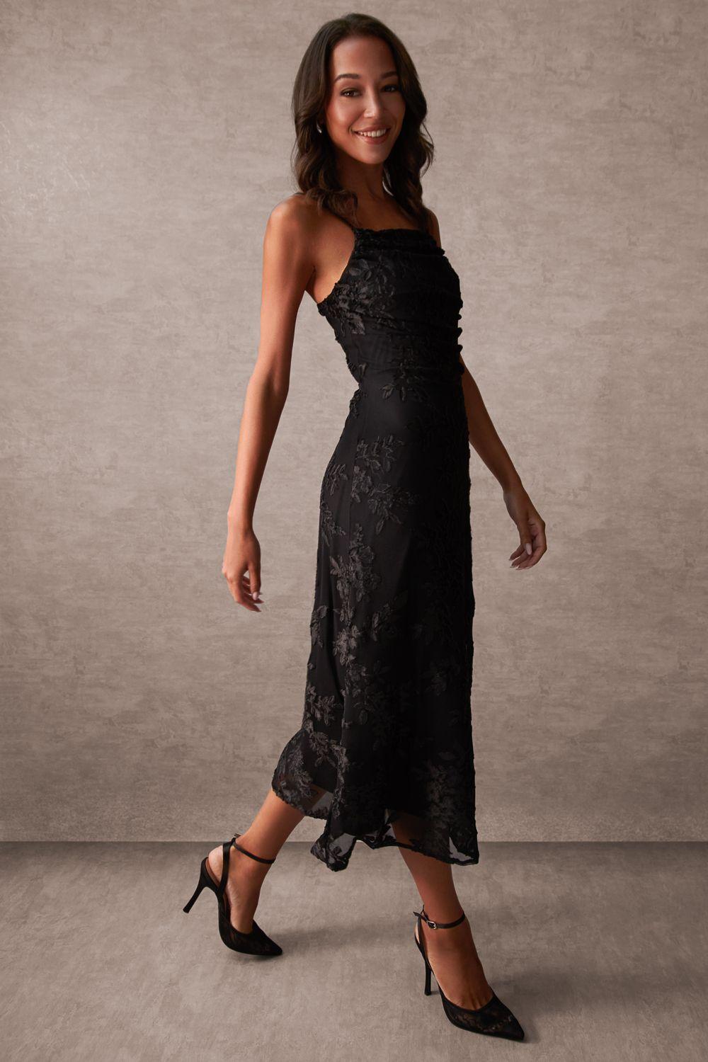 Luxe Ruched Devore Midi Dress by BLUE VANILLA