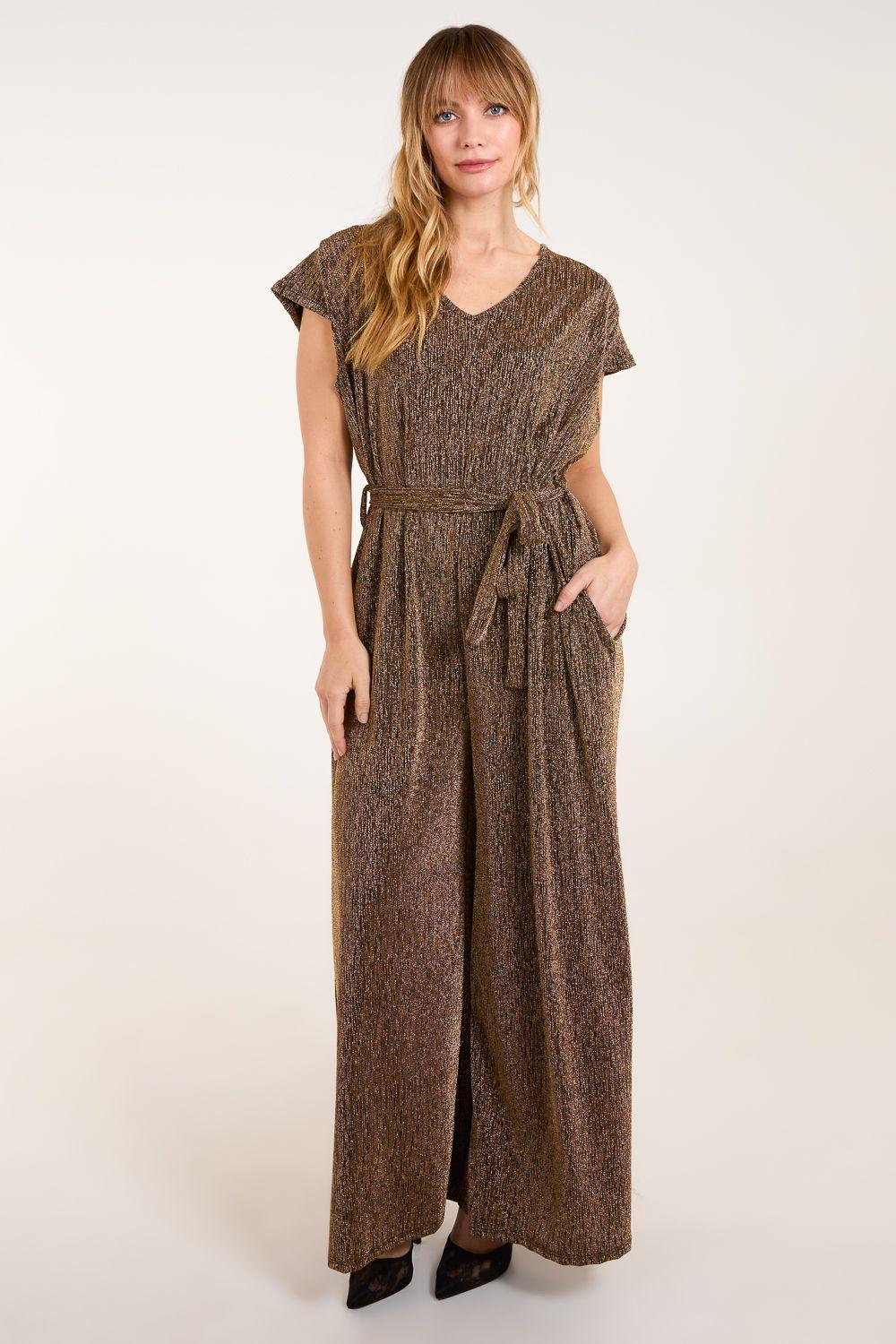 Metallic V Neck Jumpsuit by BLUE VANILLA