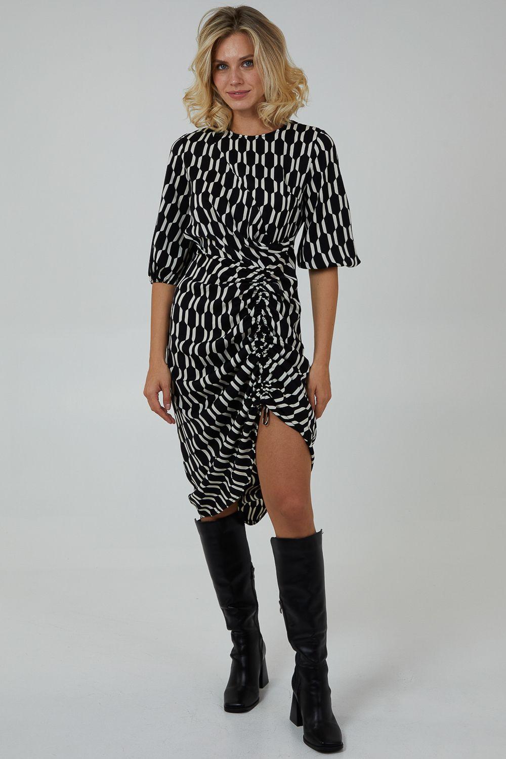 Mono Geo Print Ruched Hem Dress by BLUE VANILLA