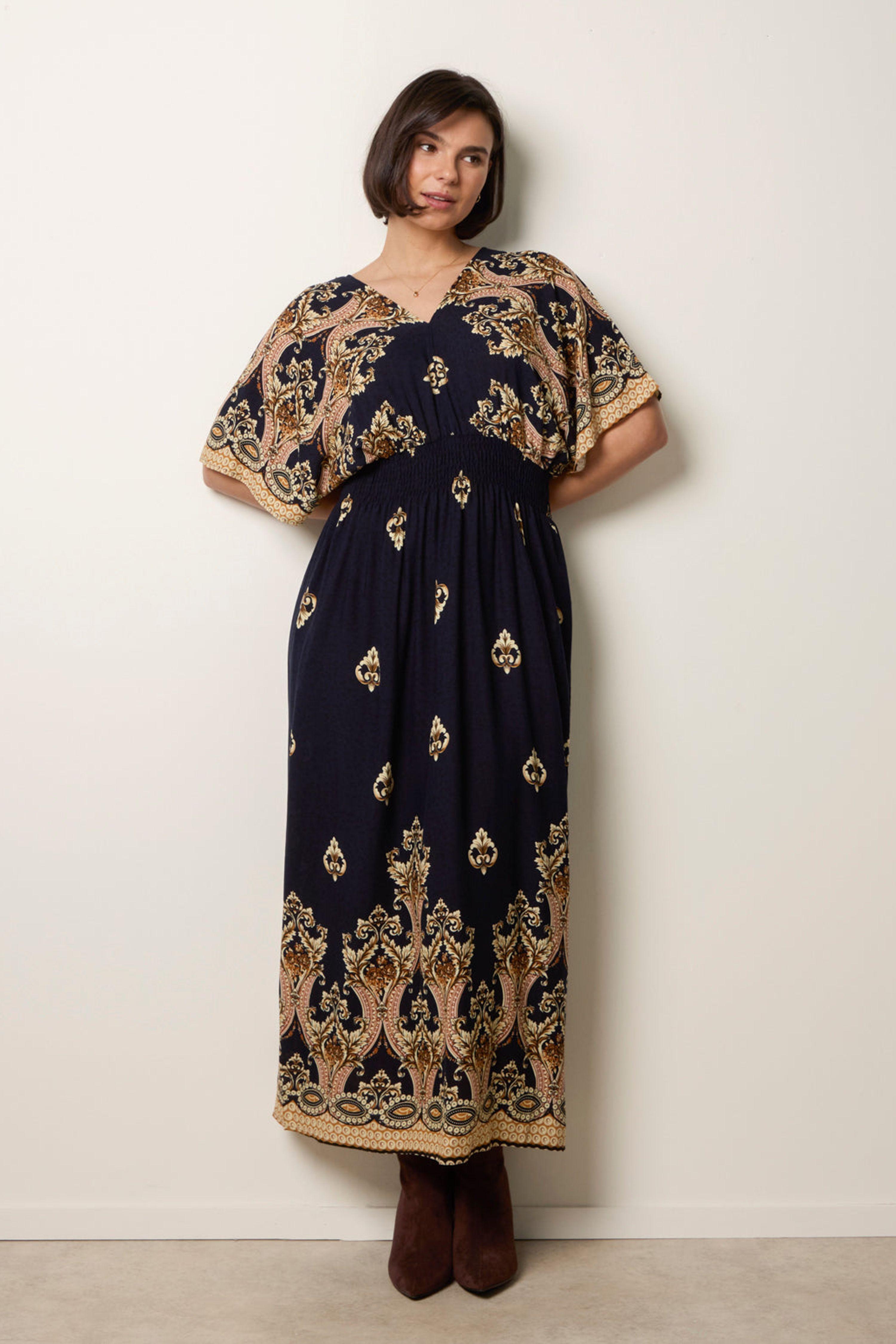 Navy Border Print Kimono Dress by BLUE VANILLA