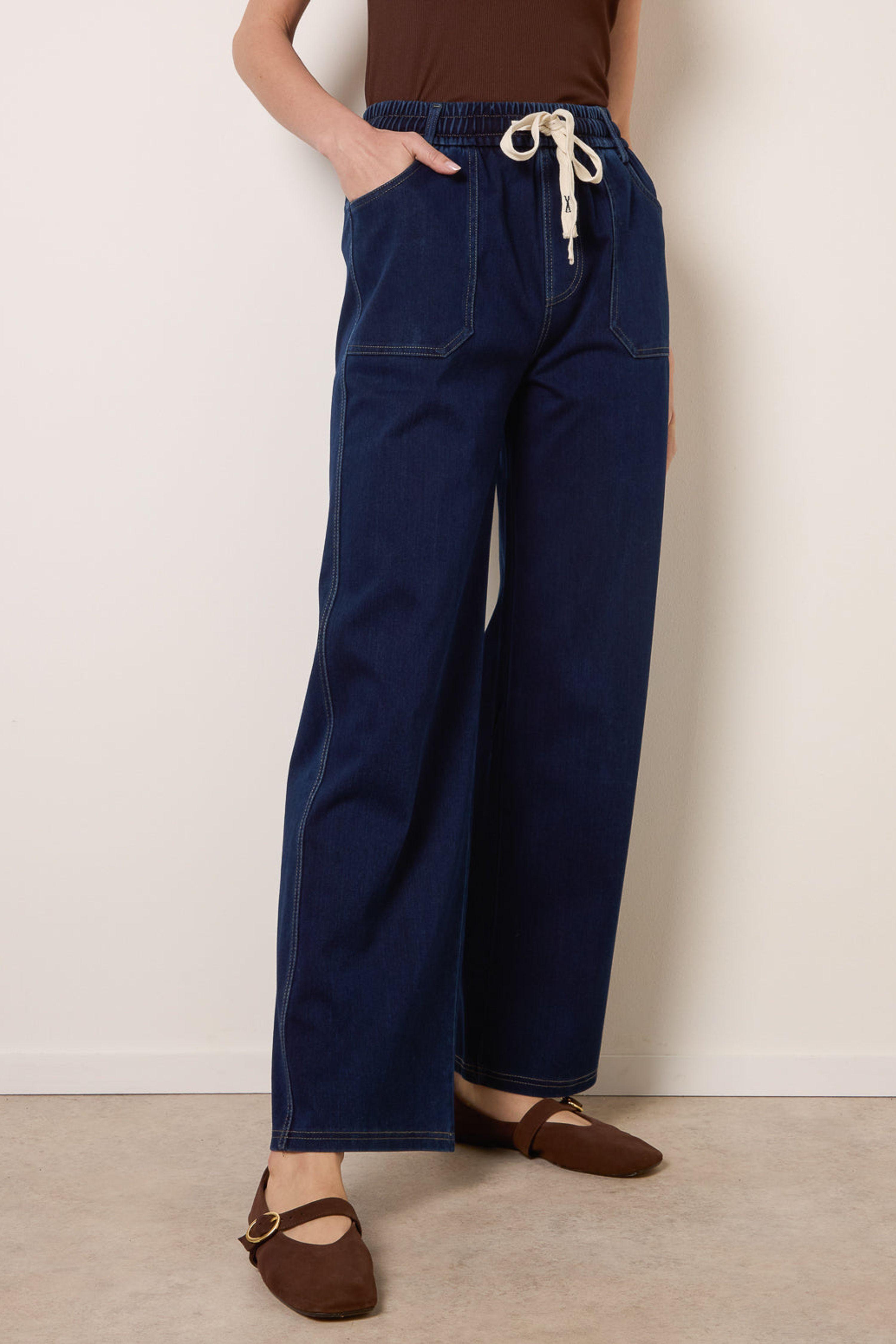Navy Contrast Drawstring Waist Wide Leg Trousers by BLUE VANILLA