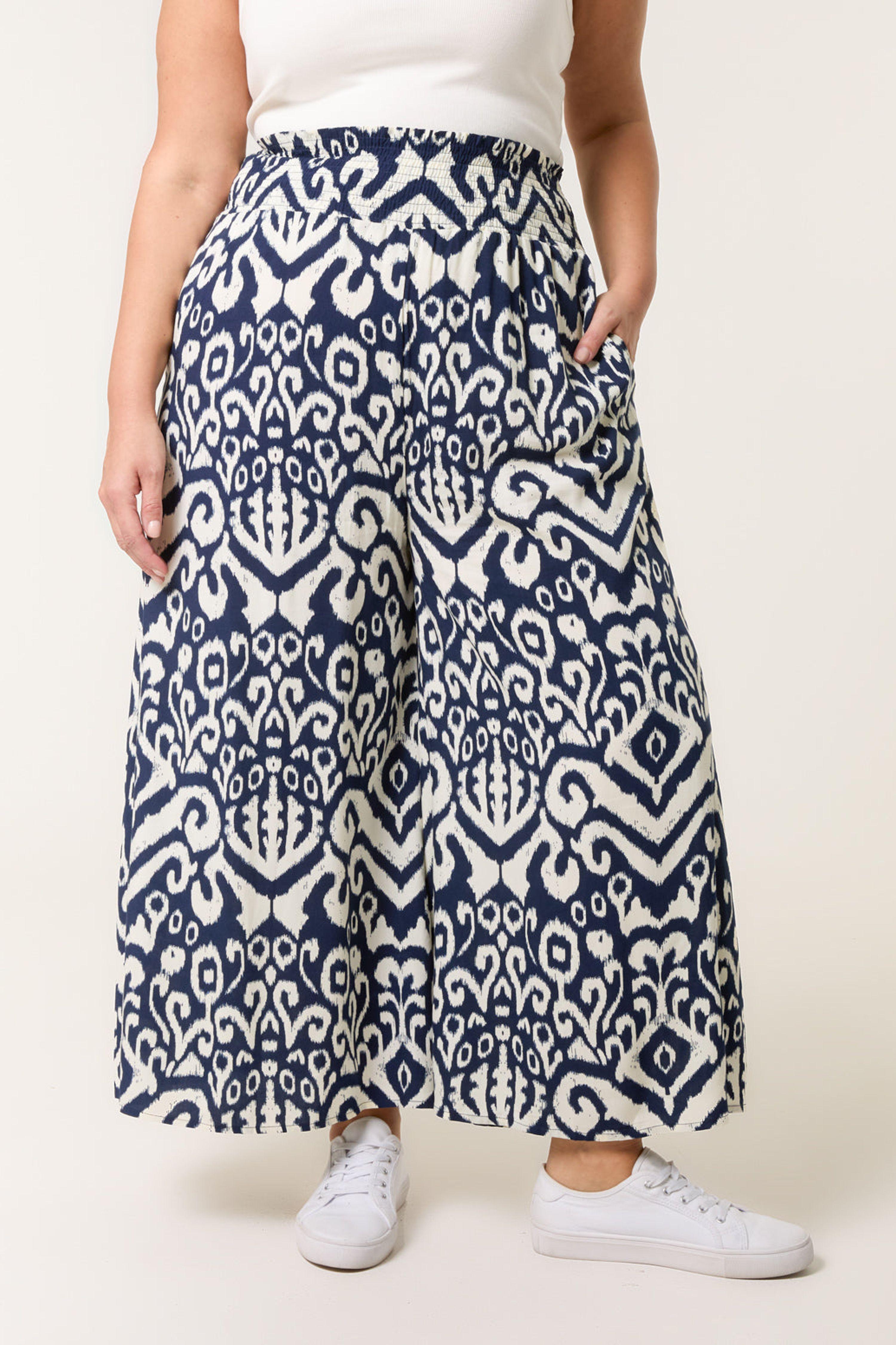 Navy Curve Abstract Printed Wide Leg Trousers by BLUE VANILLA