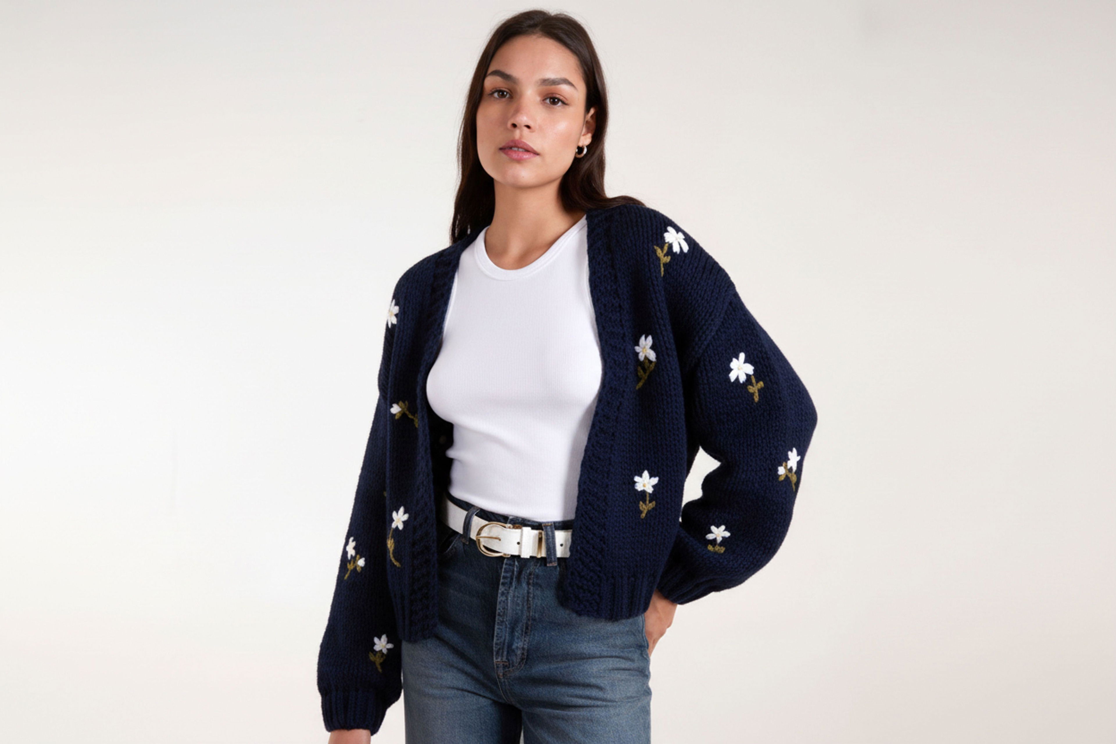 Navy Flower Embroidery Detailed Cardigan by BLUE VANILLA