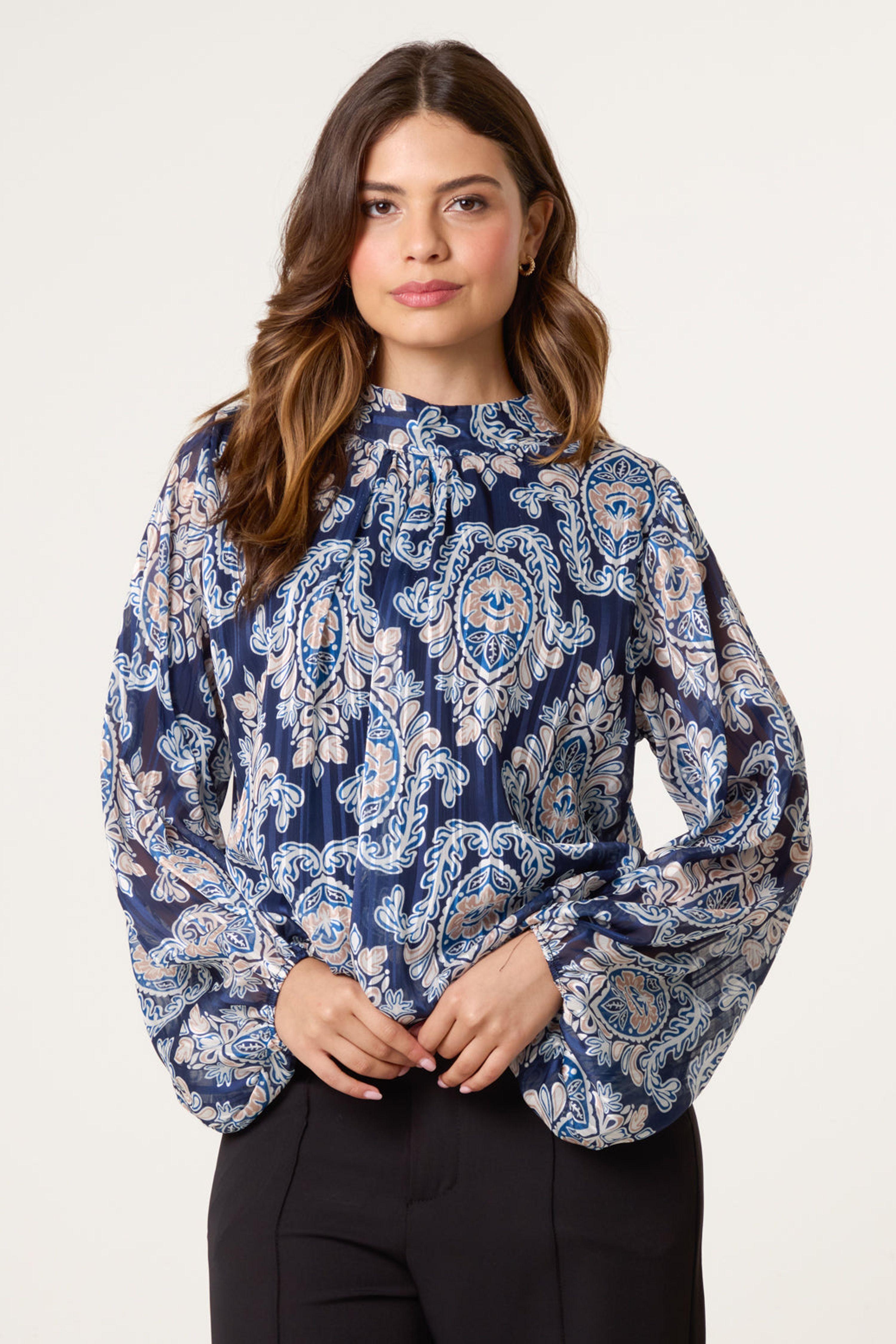 Navy High Neck Bubble Hem Printed Blouse by BLUE VANILLA