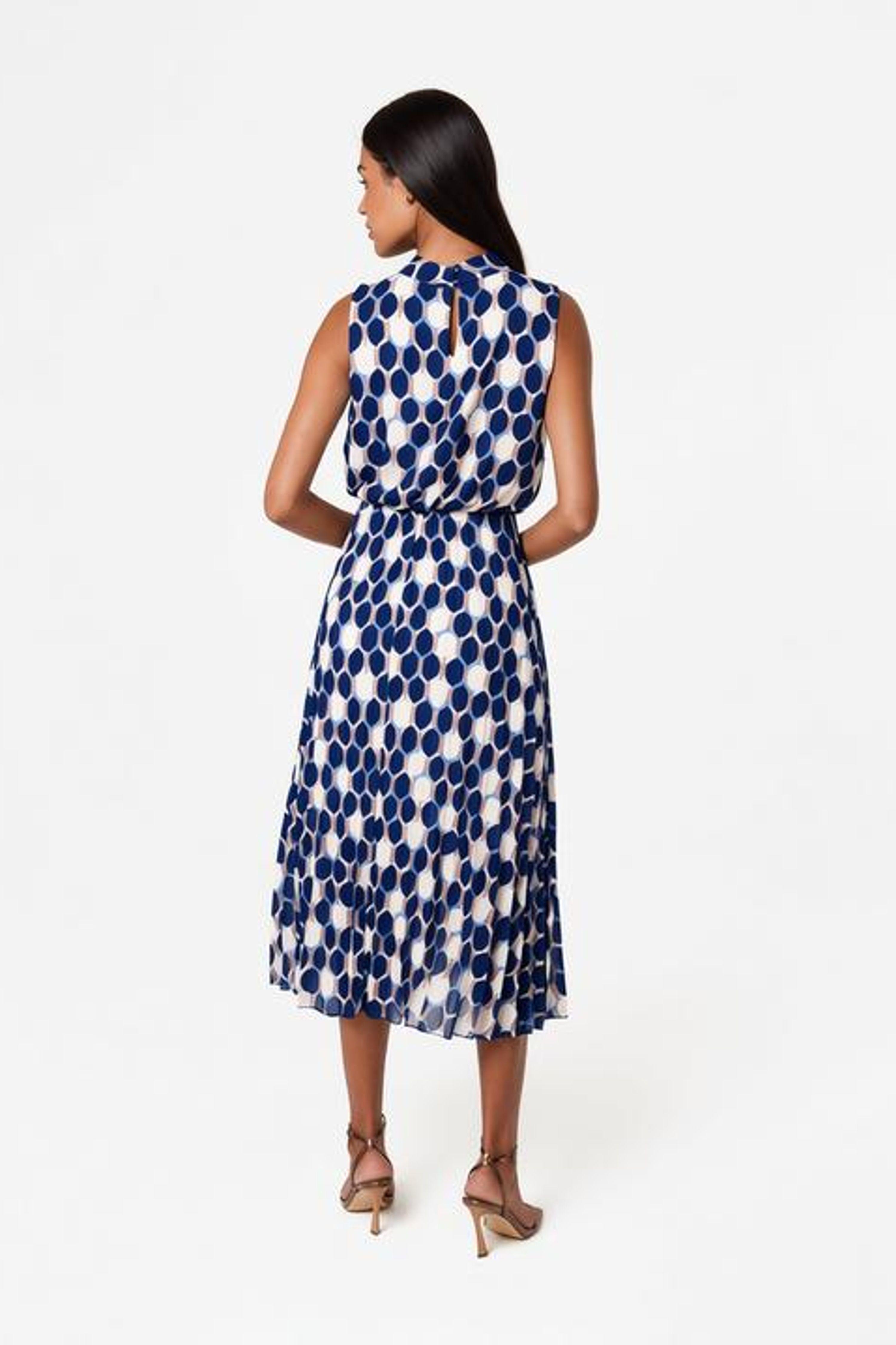 Navy High Neck Geometric Print Pleated Dress by BLUE VANILLA