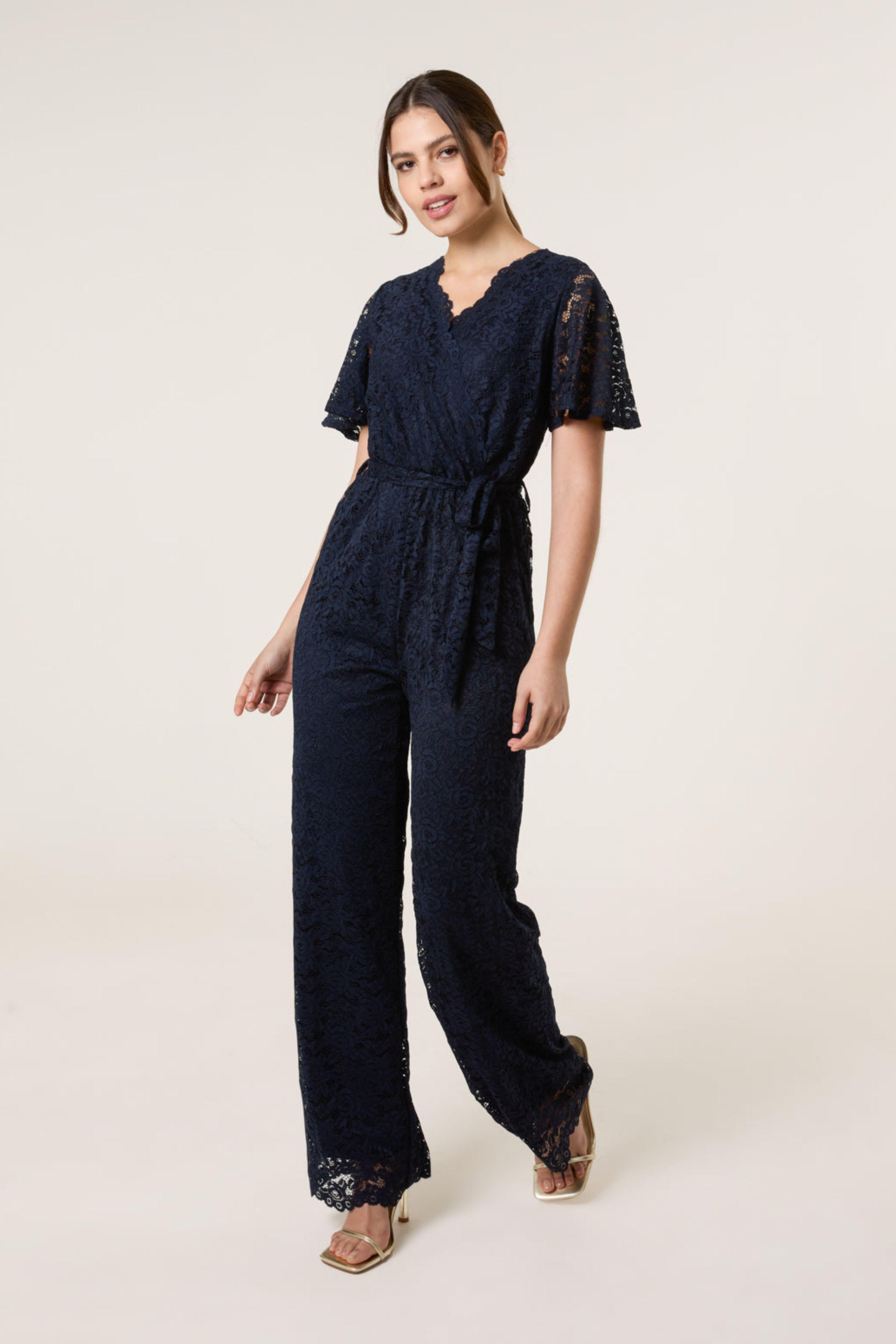 Navy Lace Wrap Over Jumpsuit by BLUE VANILLA