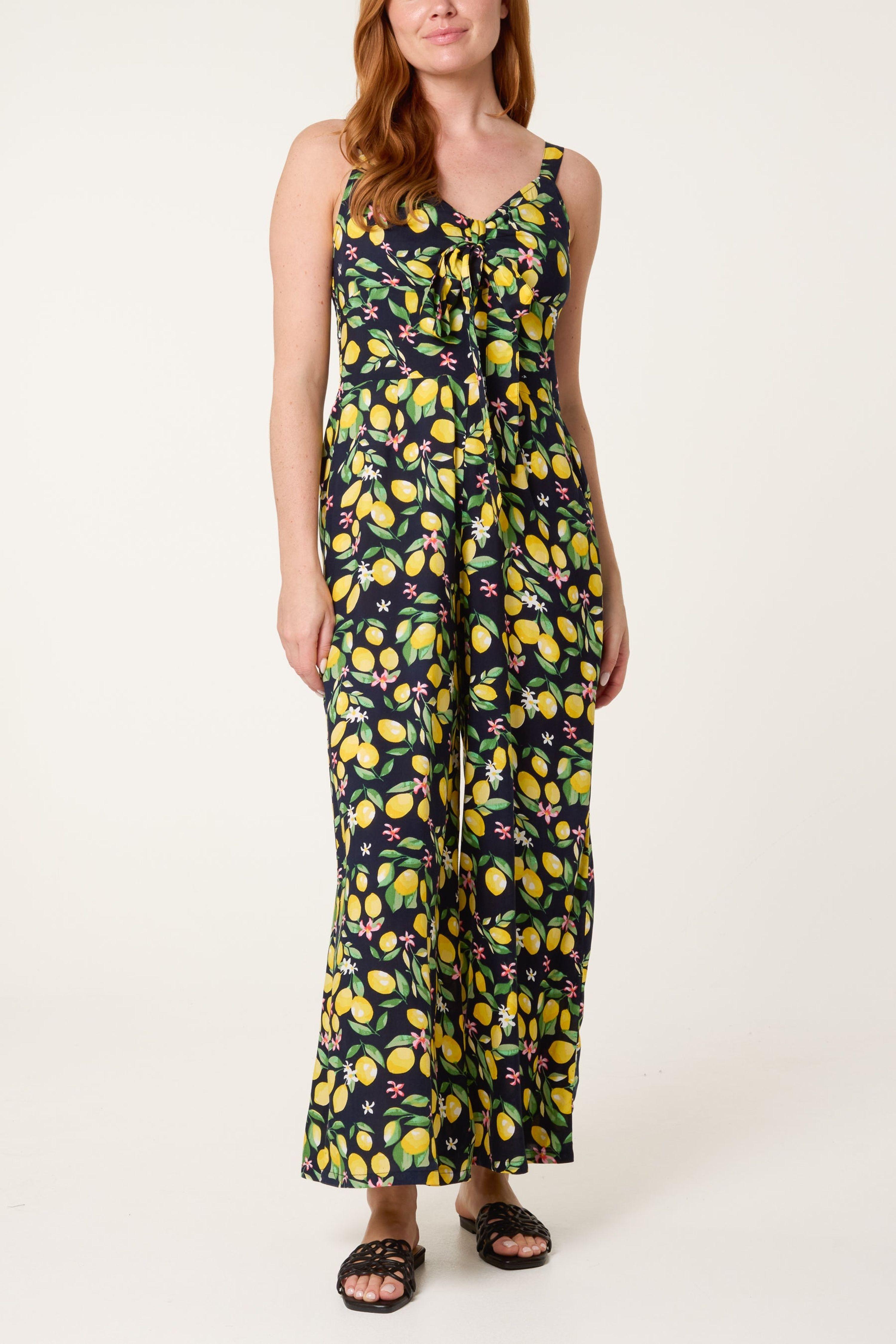 Navy Lemon Print Front Tie Jumpsuit by BLUE VANILLA