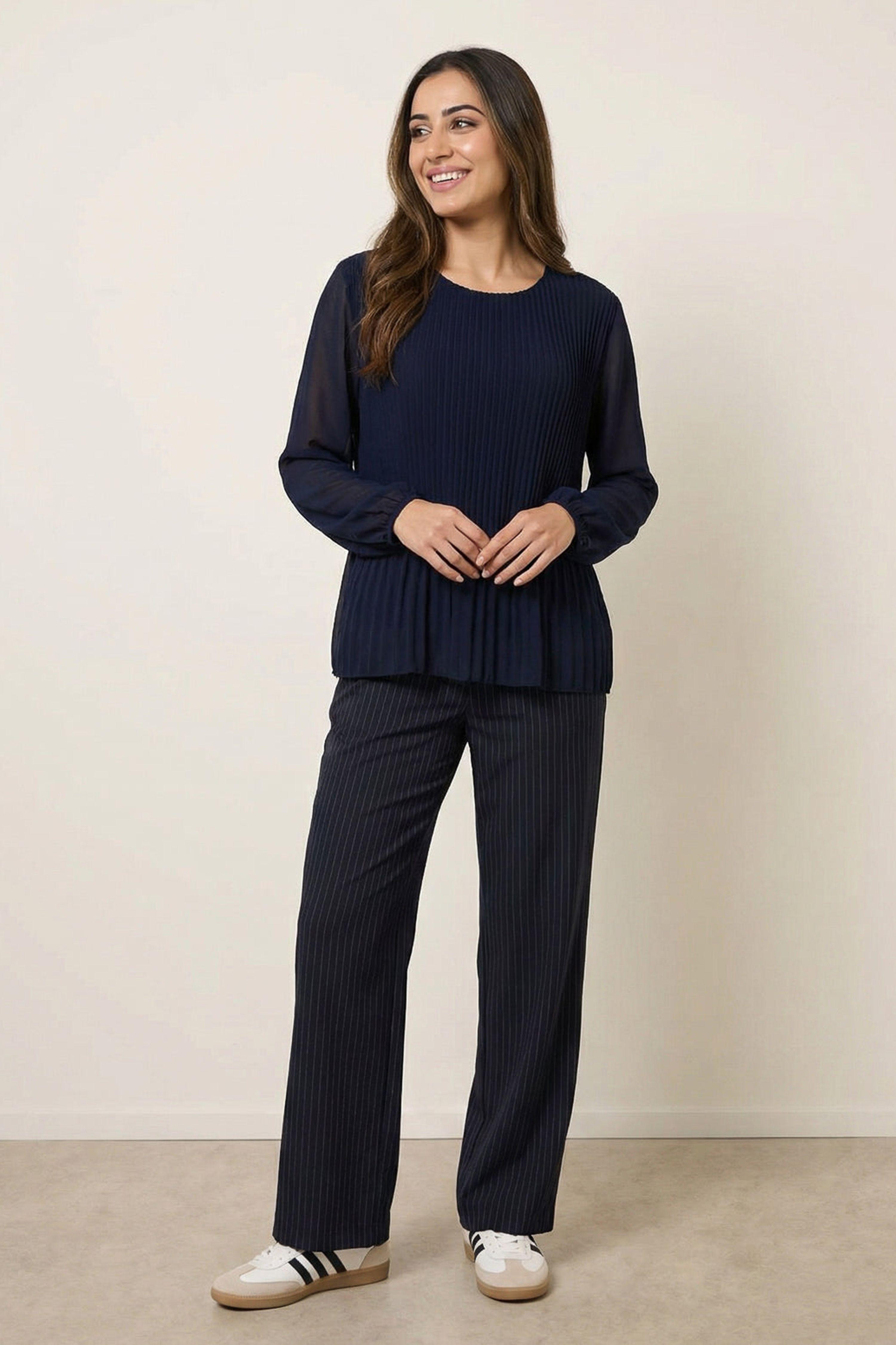 Navy Long Sleeve Pleated Top by BLUE VANILLA