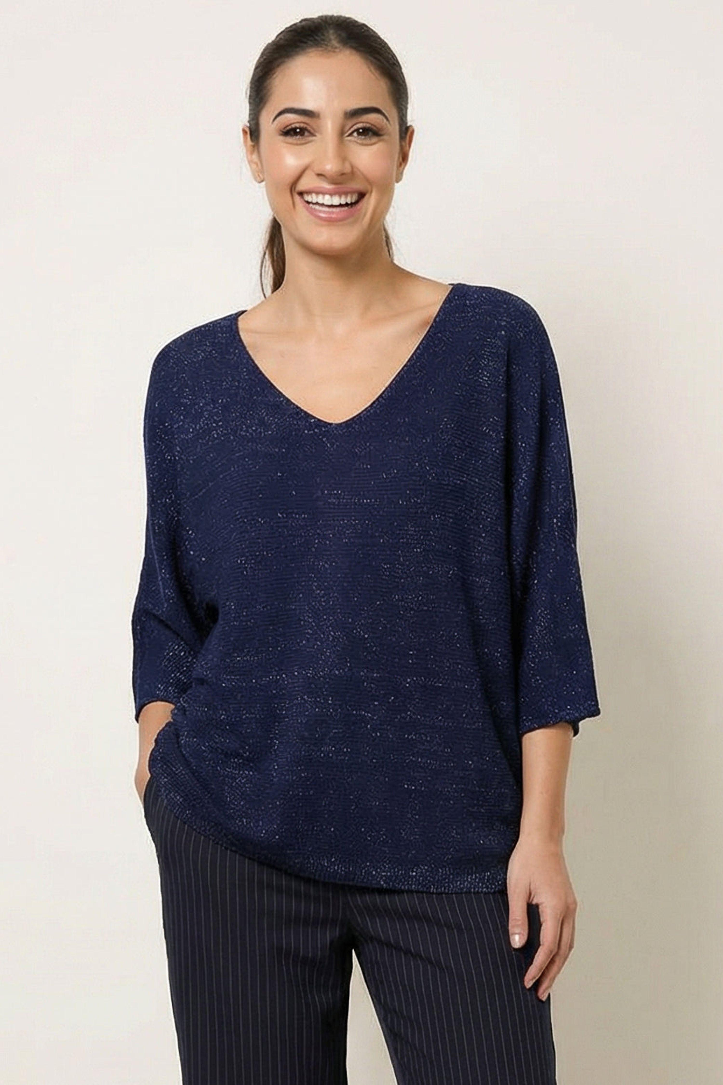 Navy Metallic V Neck Knitted Ripple Jumper by BLUE VANILLA