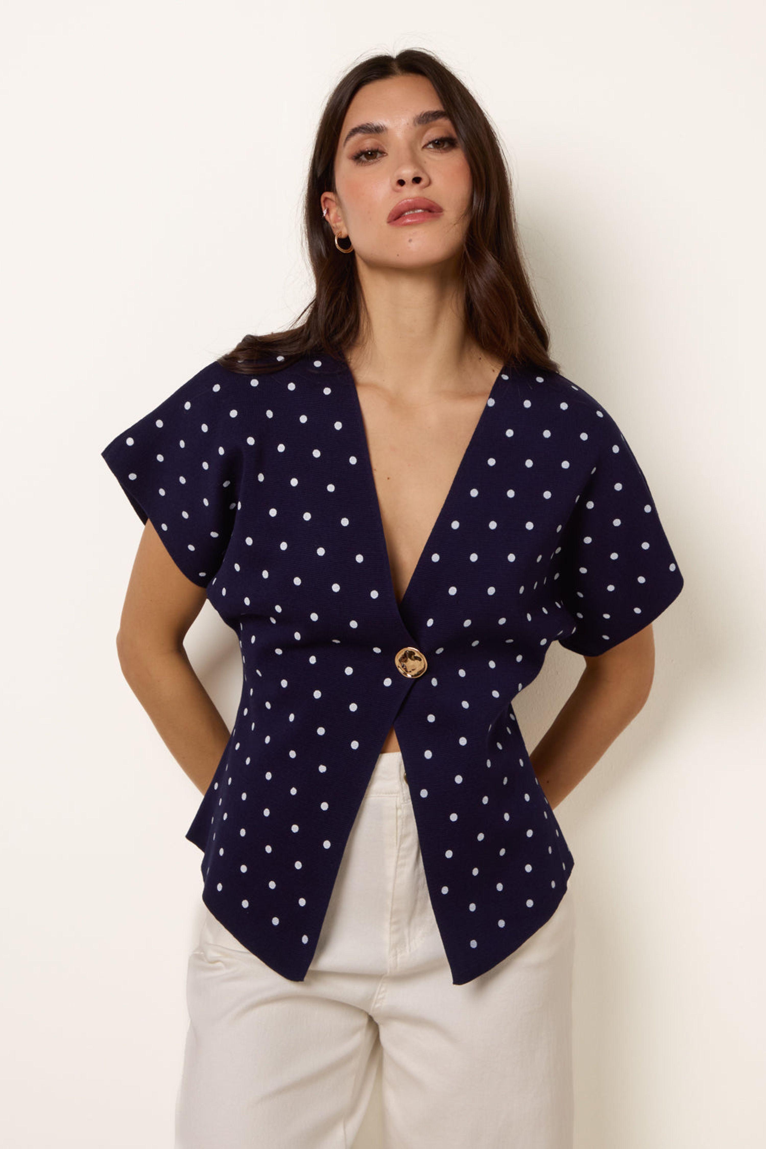 Navy Polka Dot Short-Sleeve Knit Cardigan Top by BLUE VANILLA