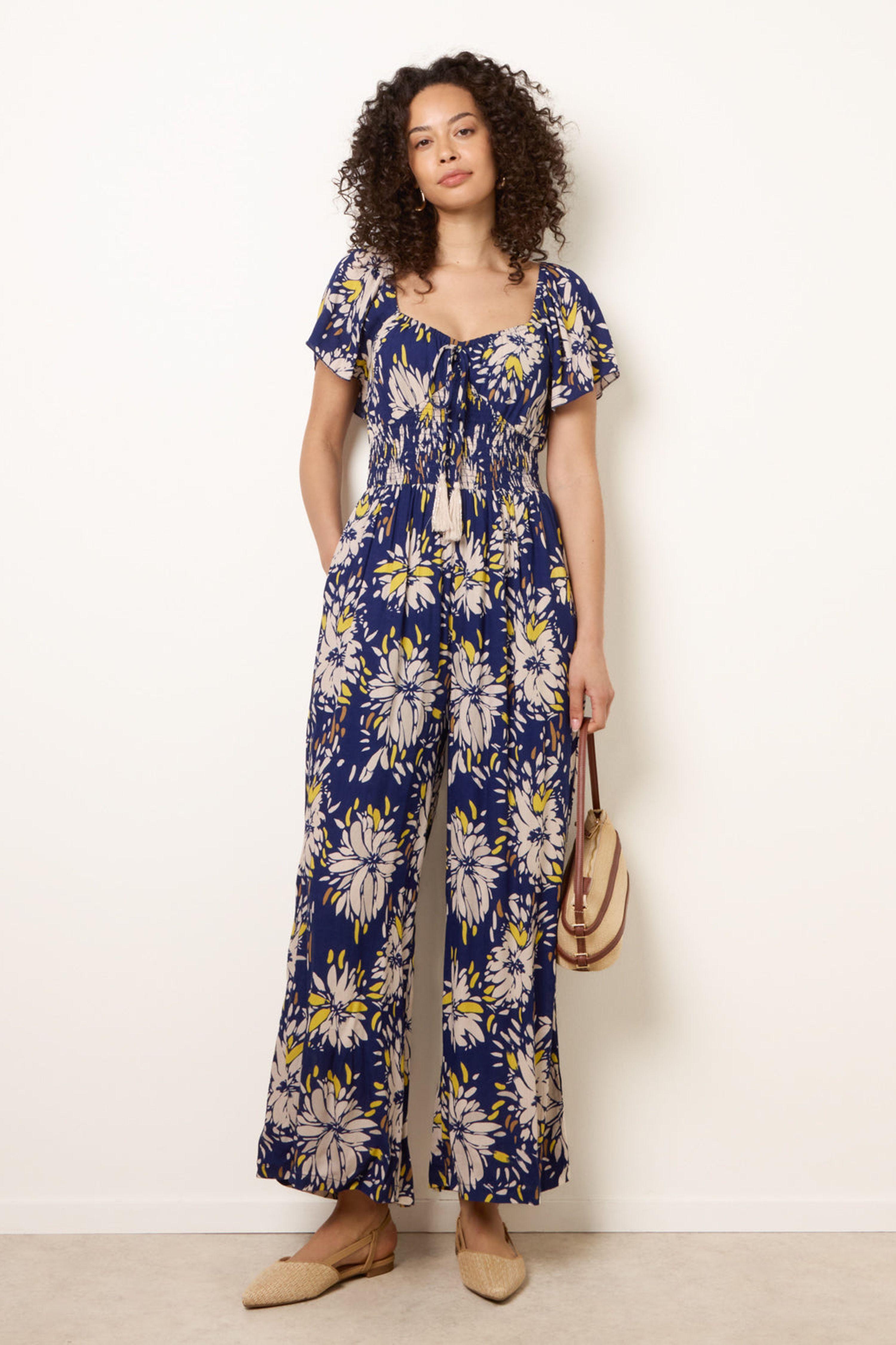 Navy Shirred Waist Wide Leg Jumpsuit by BLUE VANILLA