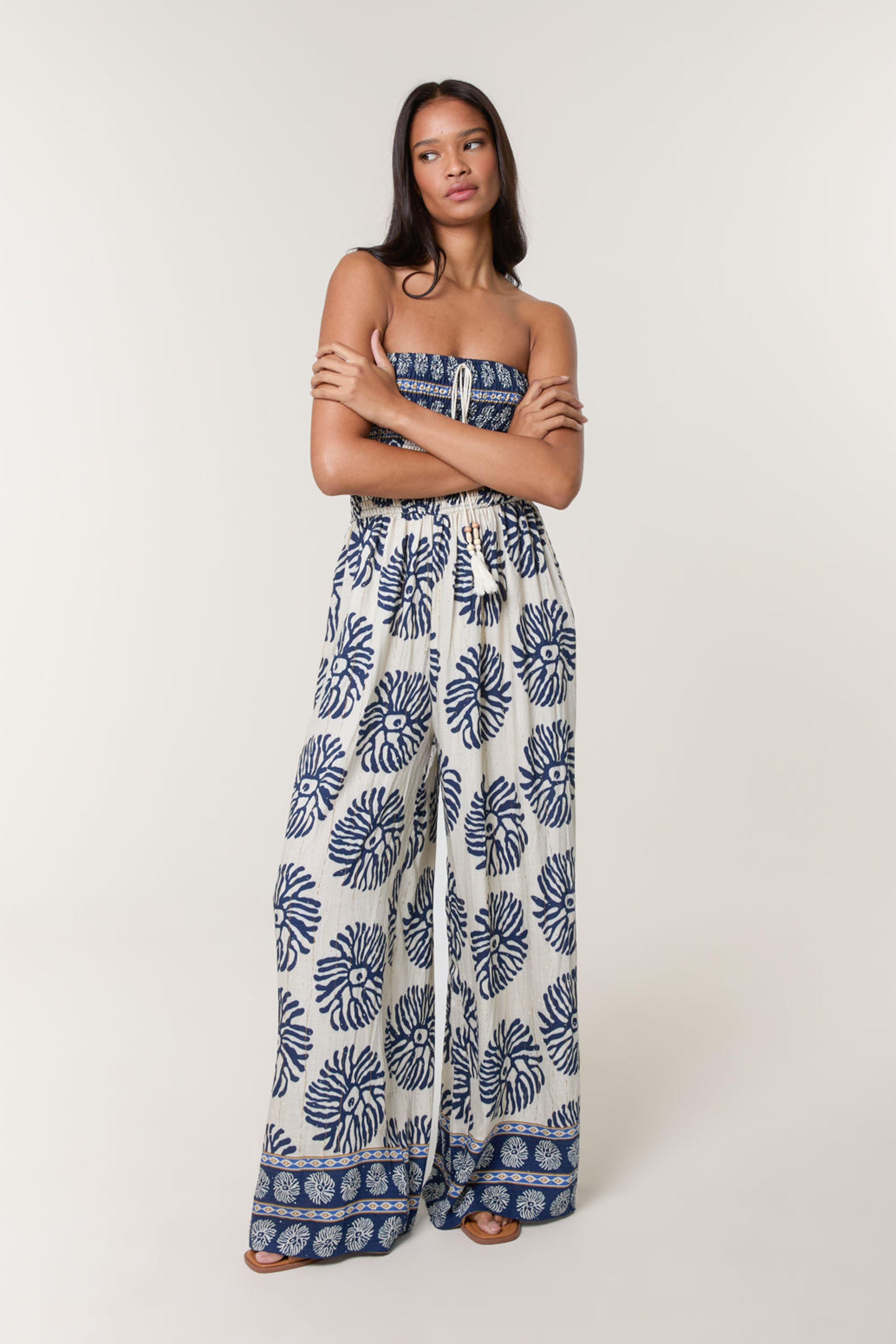 Navy Strapless Elasticated Printed Jumpsuit by BLUE VANILLA