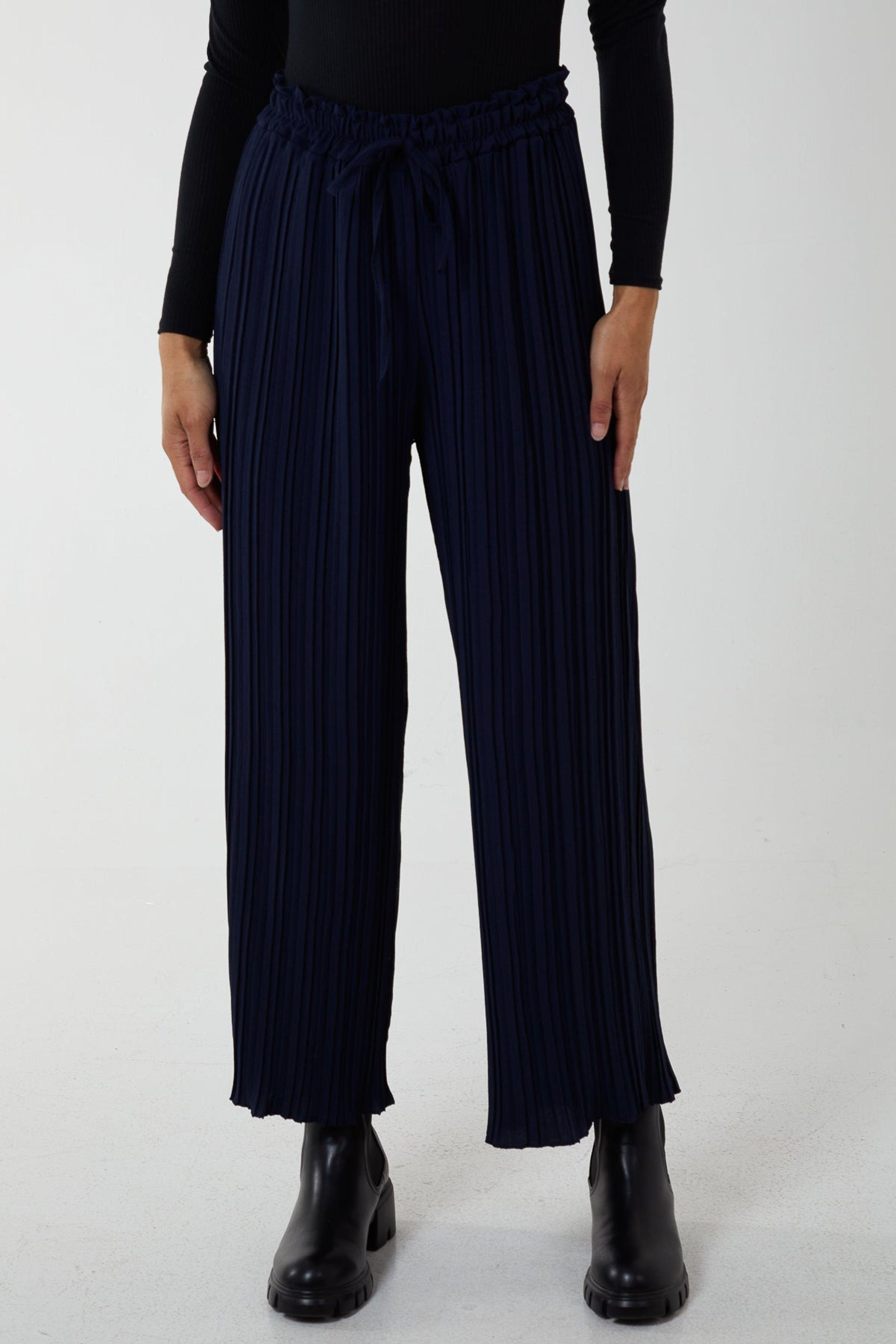 Navy Wide Leg Plisse Drawstring Trousers by BLUE VANILLA