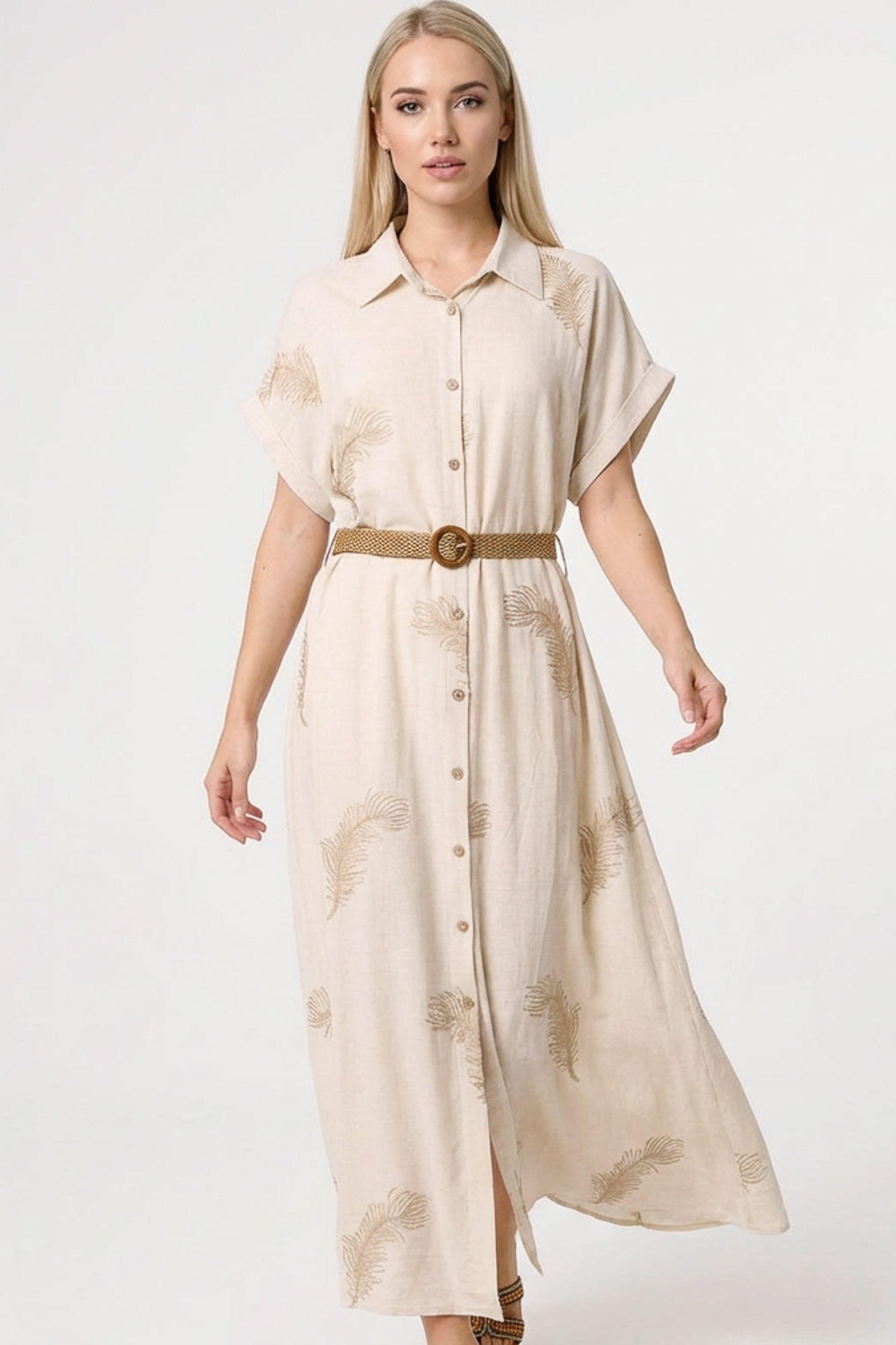 Off White Linen Belted Dress With Feather Embroidery by BLUE VANILLA