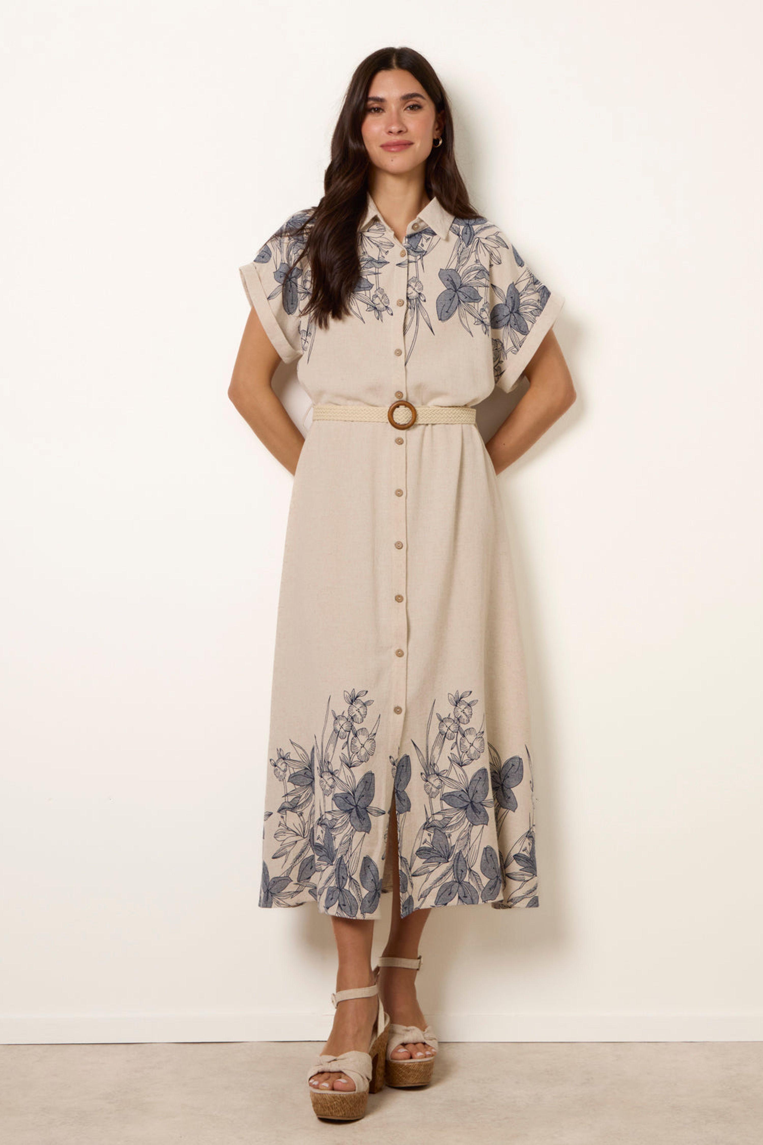 Off White Printed Linen Belted Dress by BLUE VANILLA