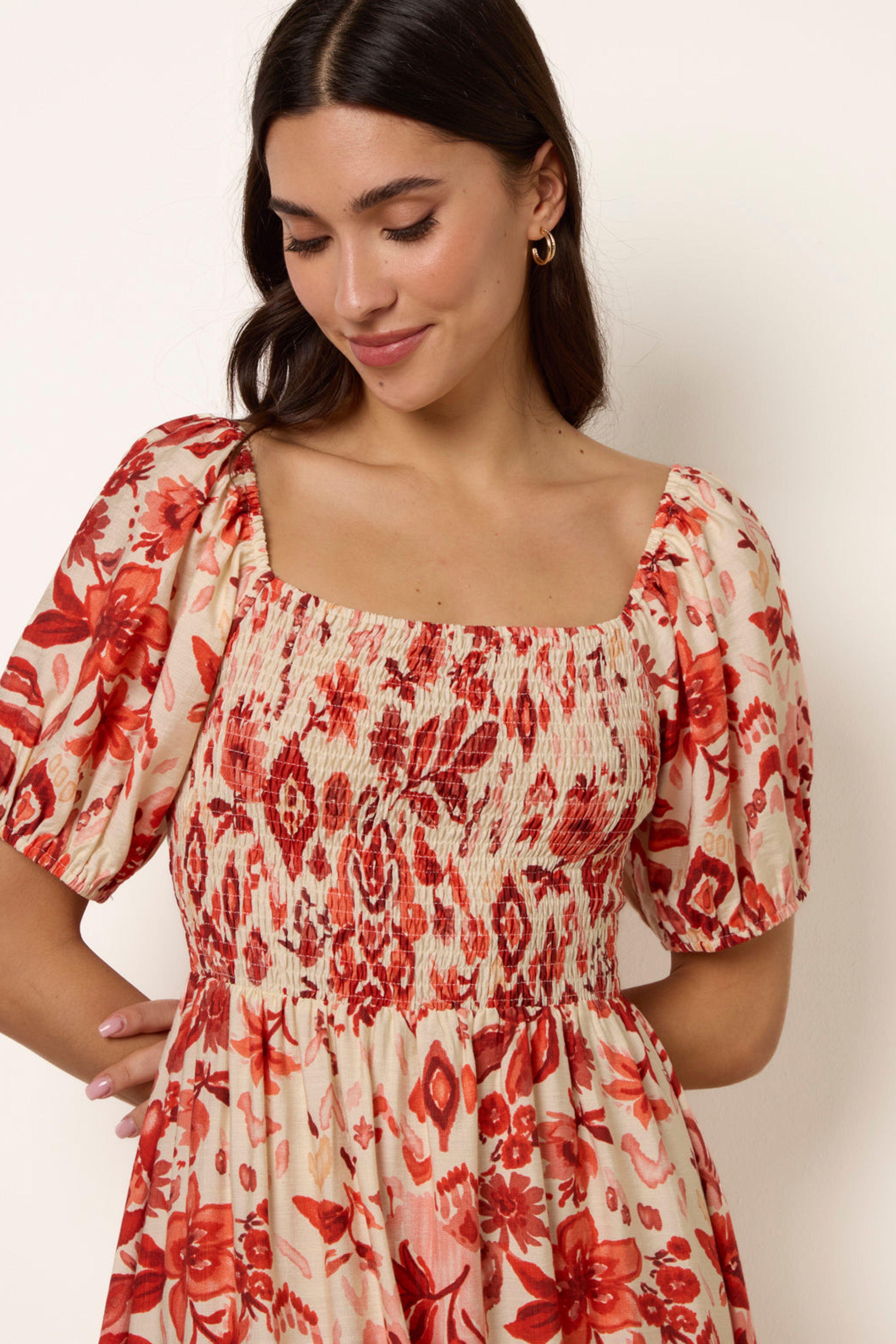 Orange Watercolour Floral Shirred Puff Sleeve Midi Dress by BLUE VANILLA