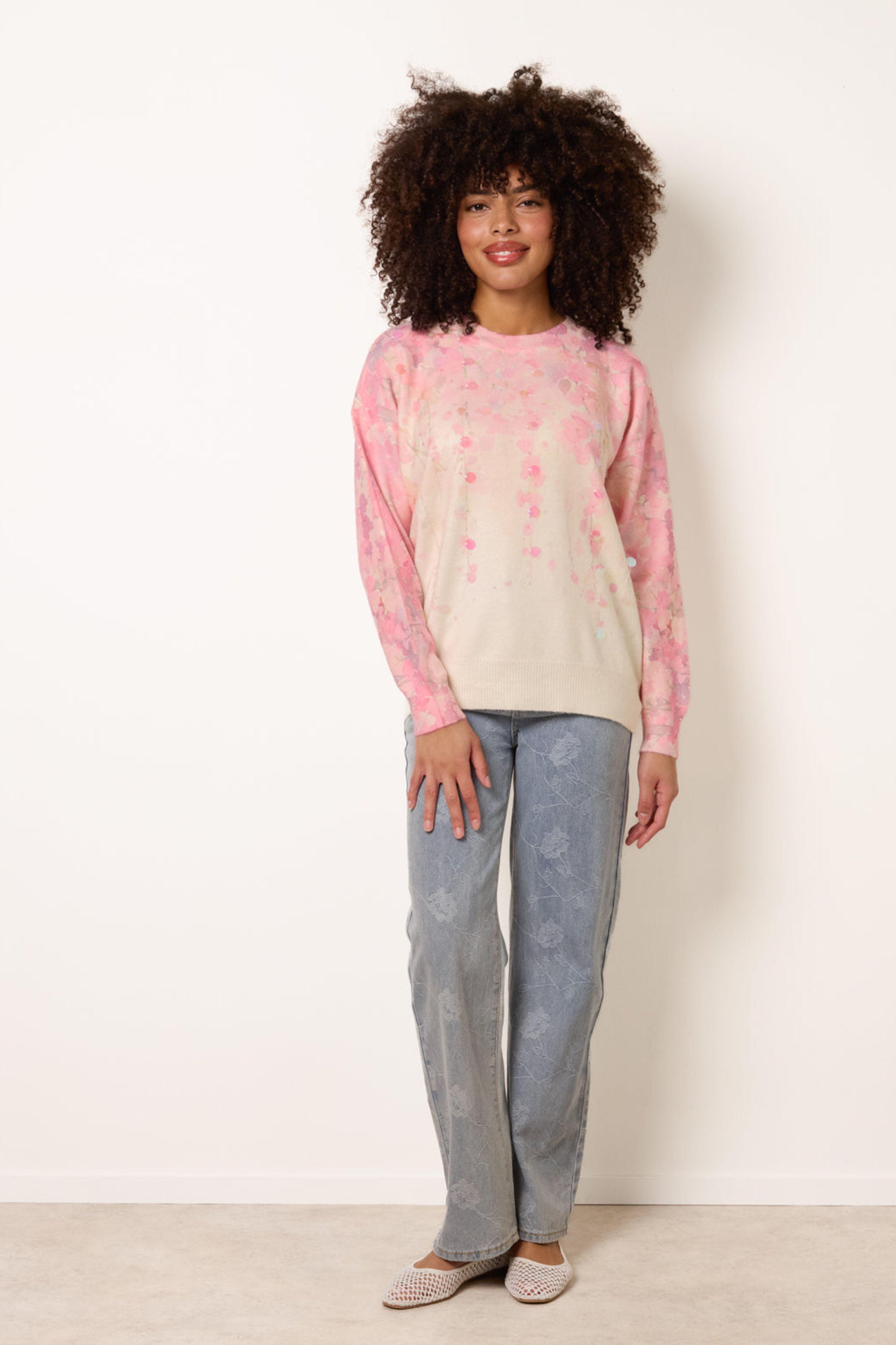 Pink Floral Printed Jumper with Disc Sequin Detailing by BLUE VANILLA