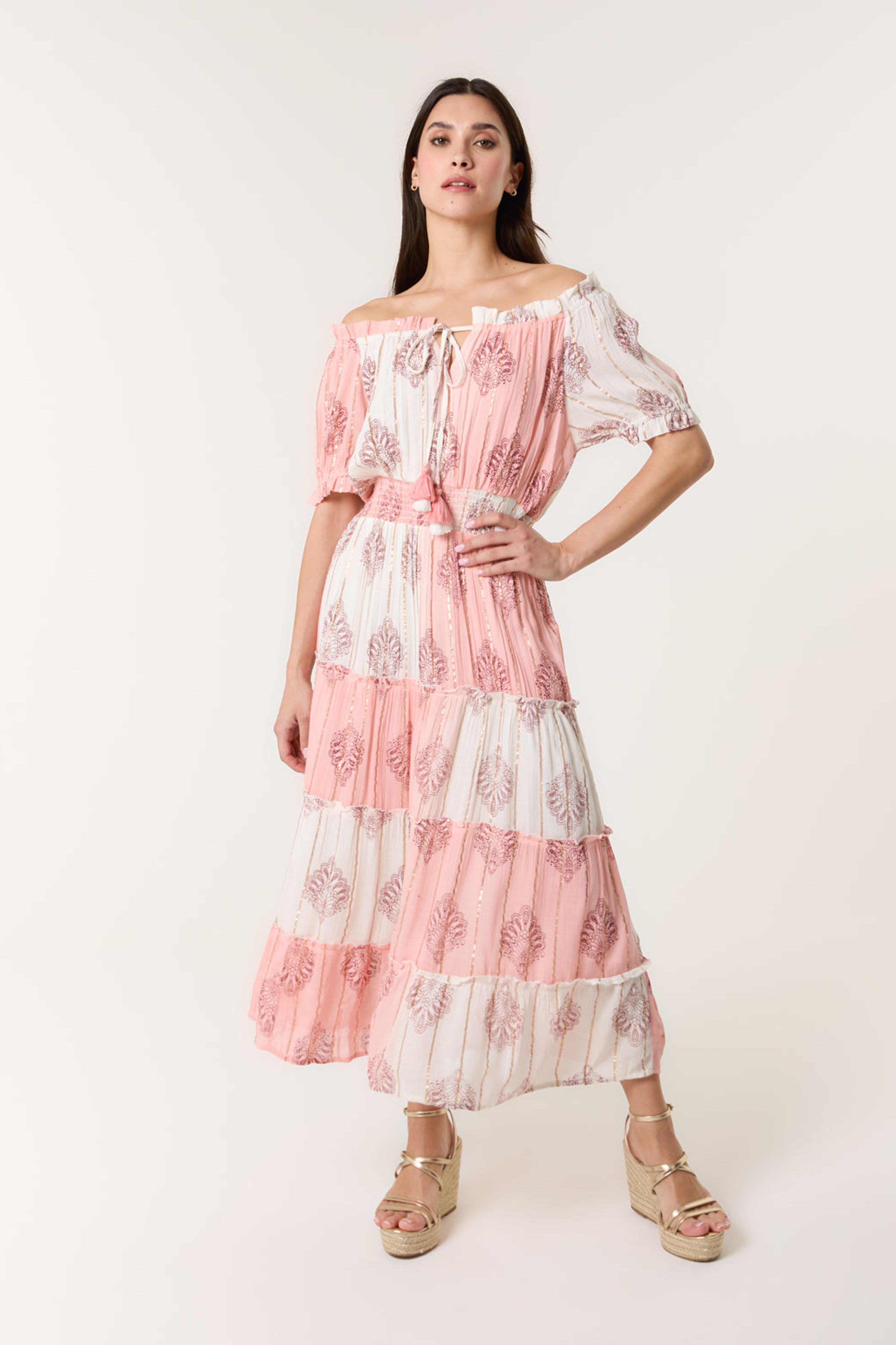 Pink Foil Print Amber Tiered Midi Dress by BLUE VANILLA