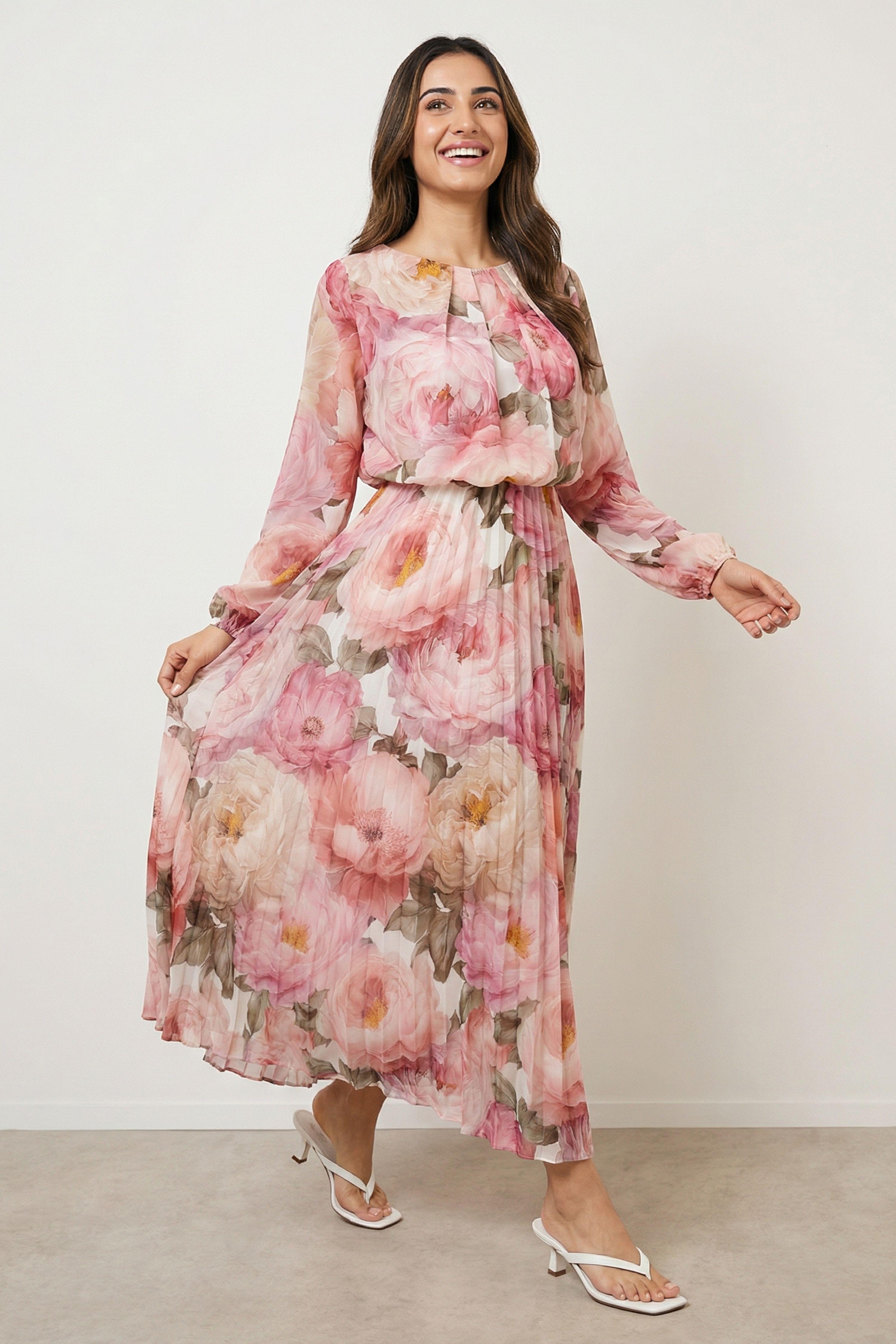 Pink Pleated Floral Dress by BLUE VANILLA
