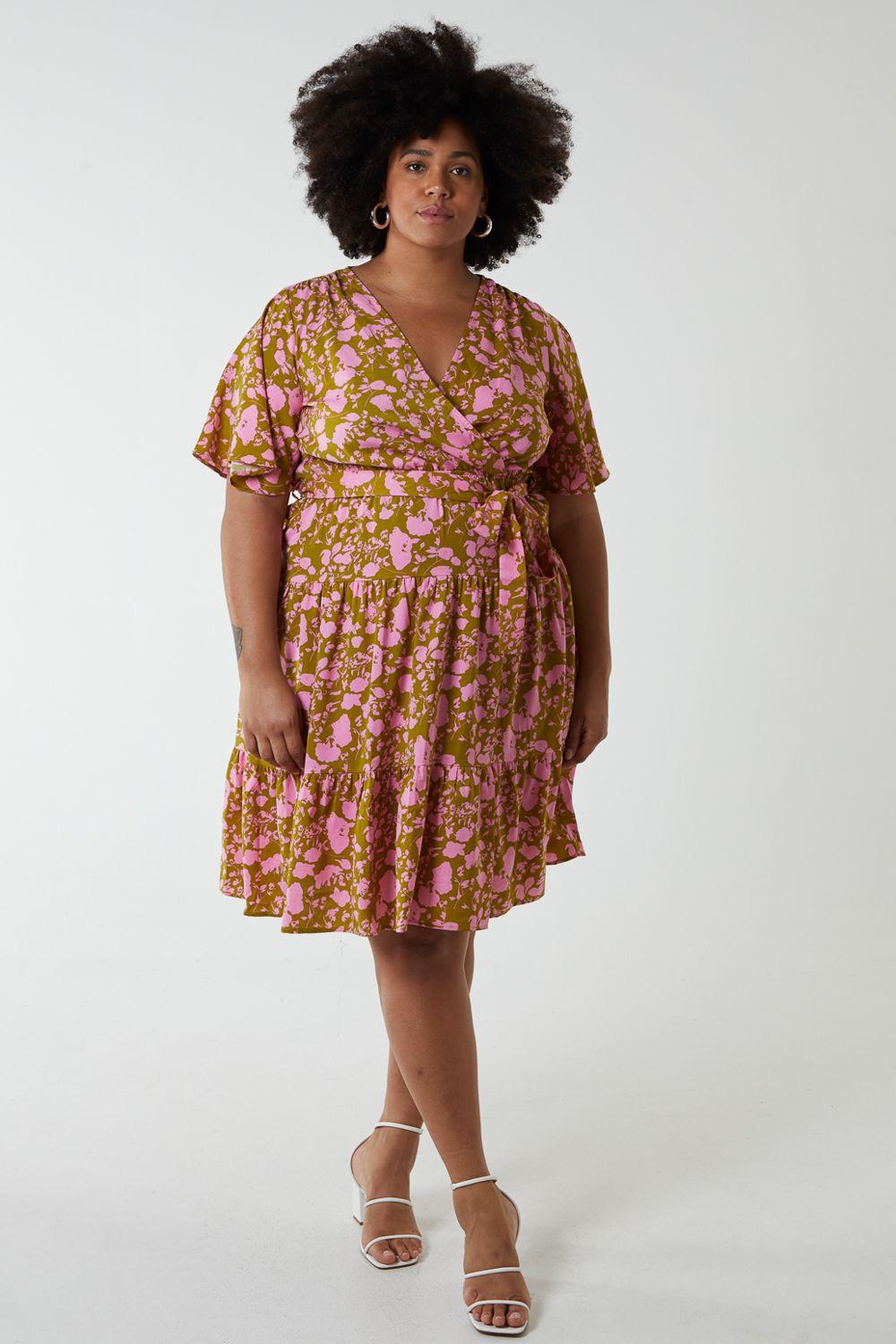 Plus Size Wrap Front Tier Hem Angel Sleeve Dress by BLUE VANILLA