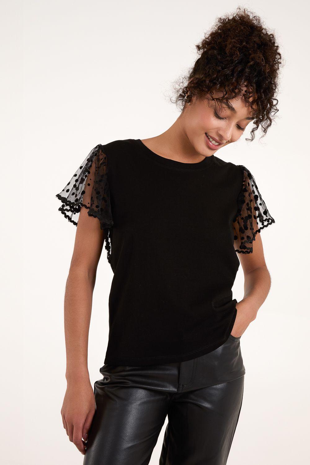Polka Dot Mesh Sleeve T-shirt by BLUE VANILLA