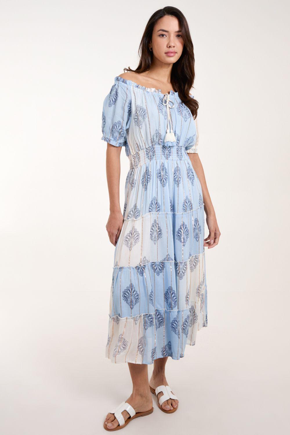 Printed Bardot Tassel Midi Dress by BLUE VANILLA