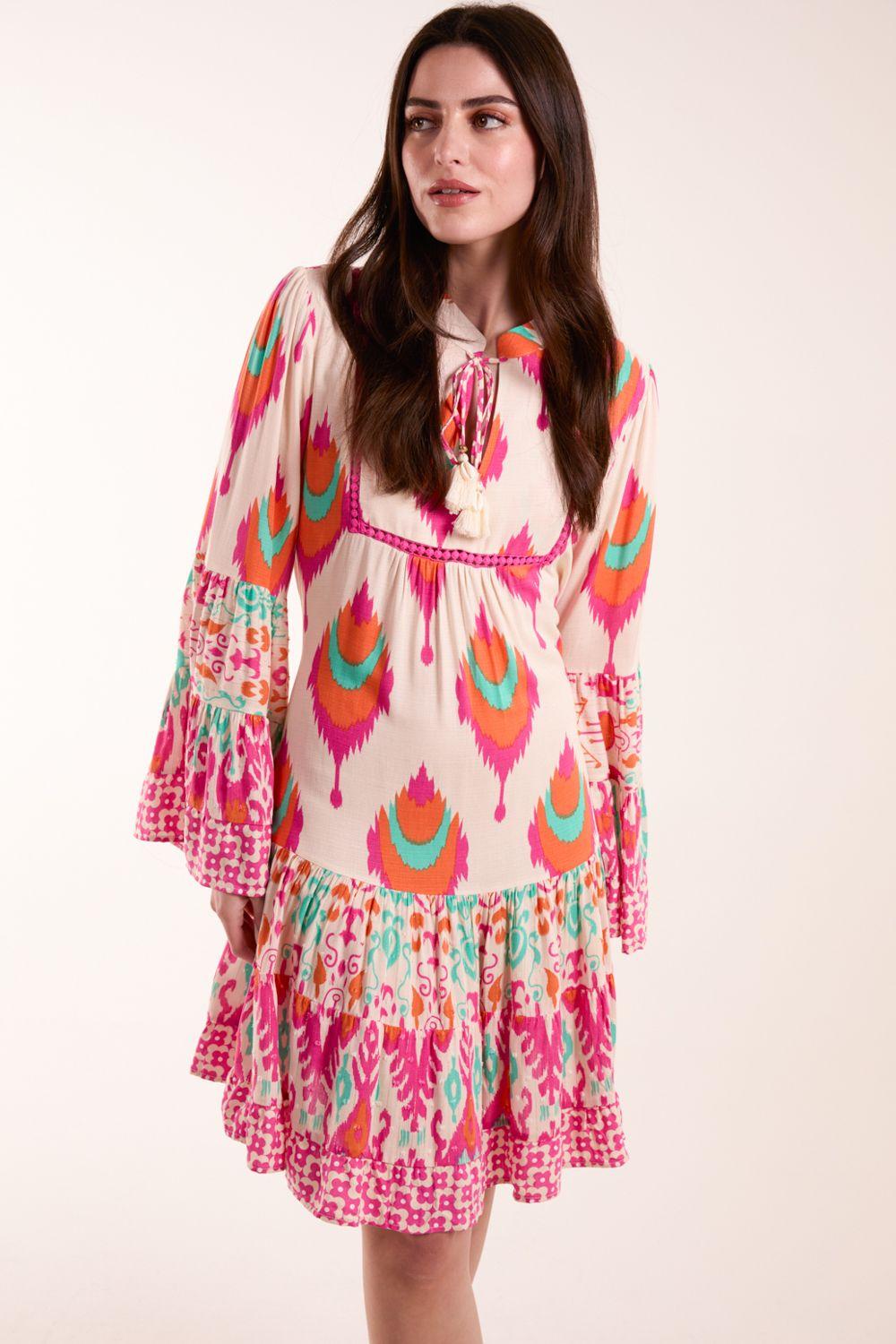 Printed Long Sleeve Tie Front Smock Dress by BLUE VANILLA