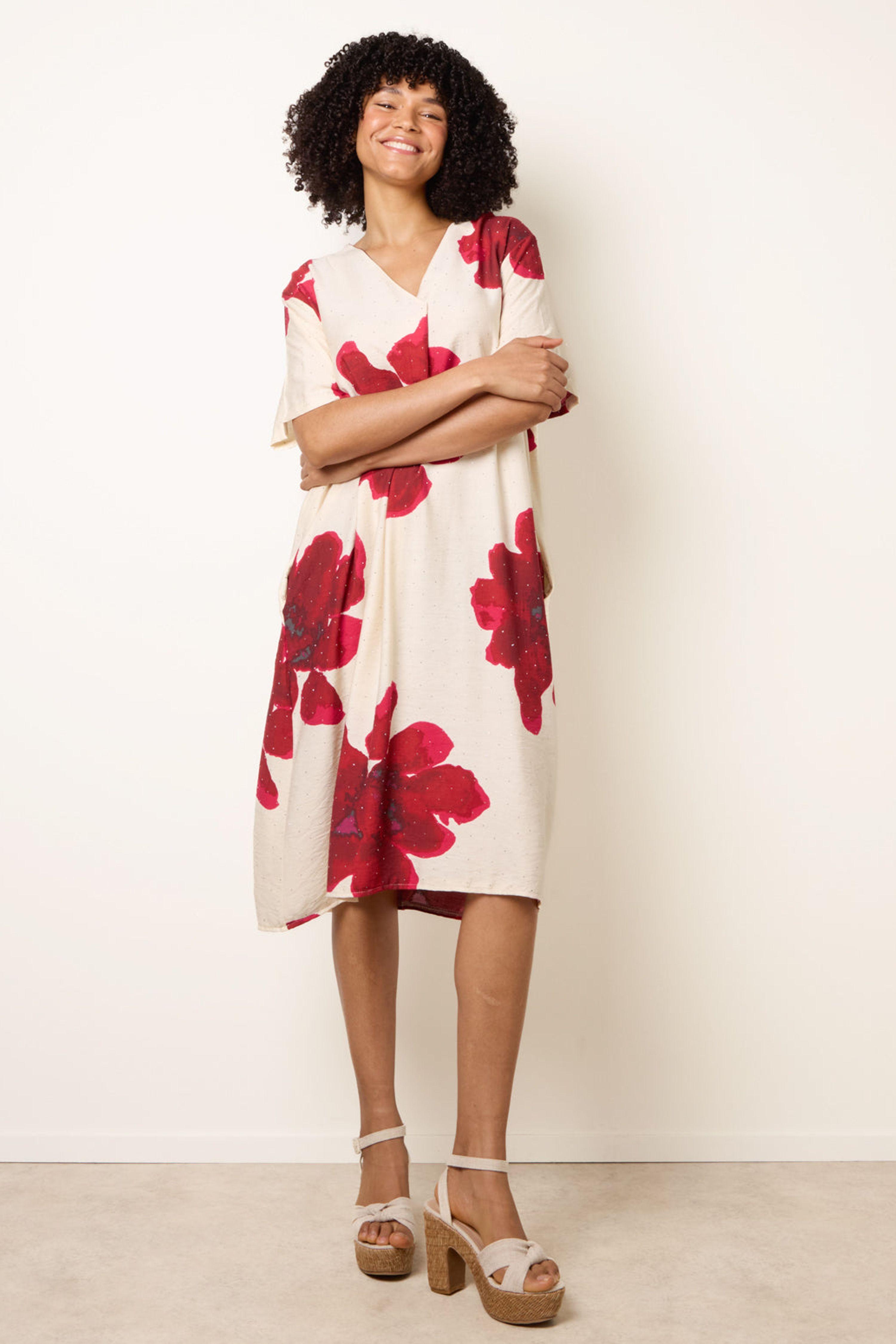 Red Floral Print Diamante Detailed Dress by BLUE VANILLA