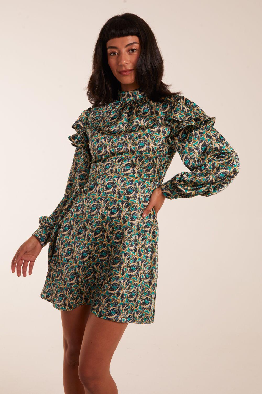 Ruffle Sleeve High Neck Swing Dress by BLUE VANILLA