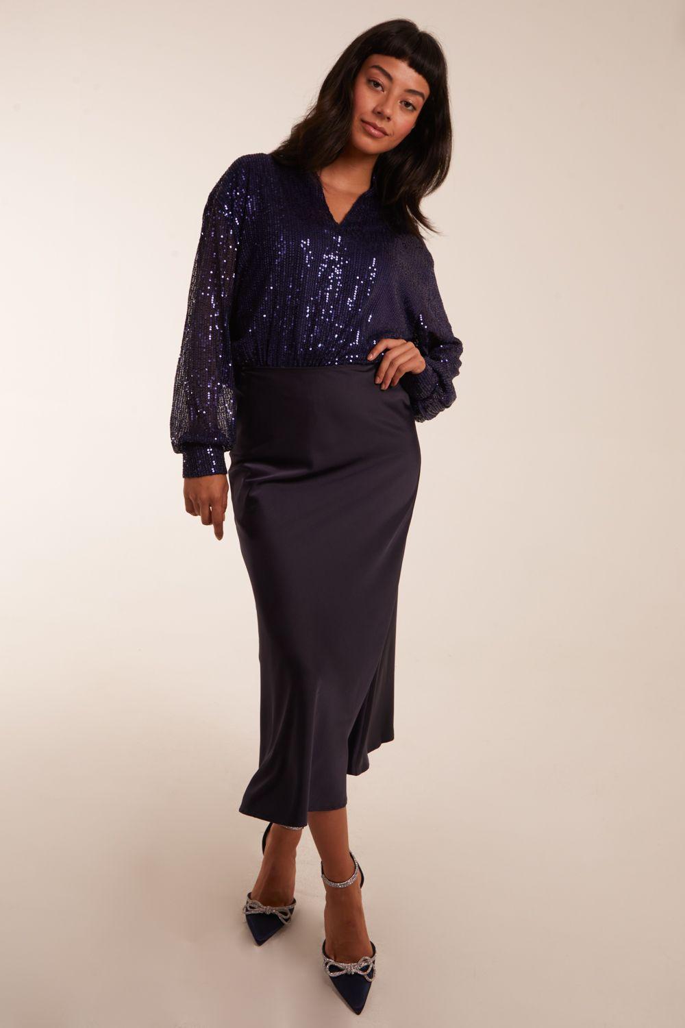 Satin Bias Midi Skirt by BLUE VANILLA