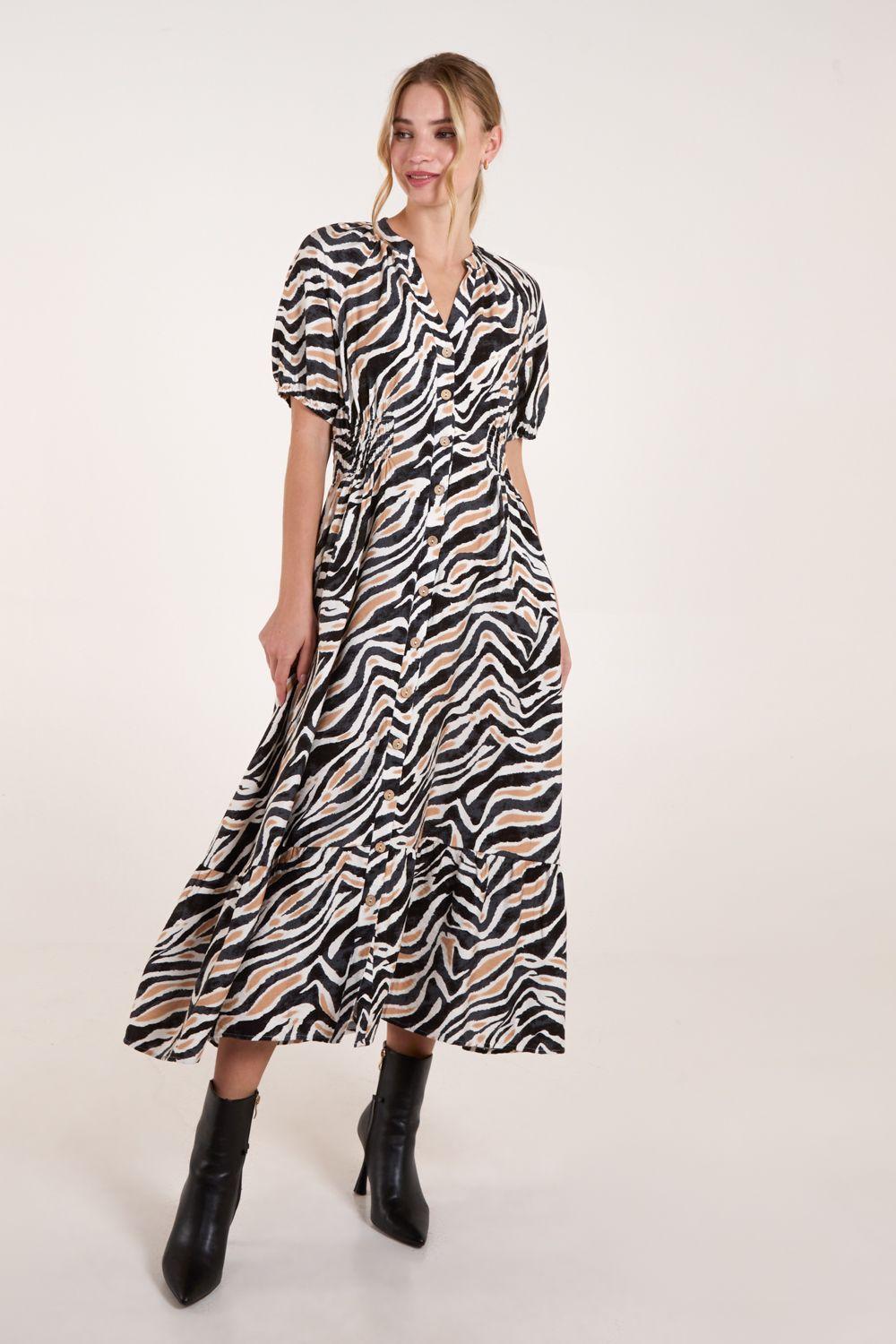 Shirred Waist Button Front Puff Sleeve Midi Dress by BLUE VANILLA