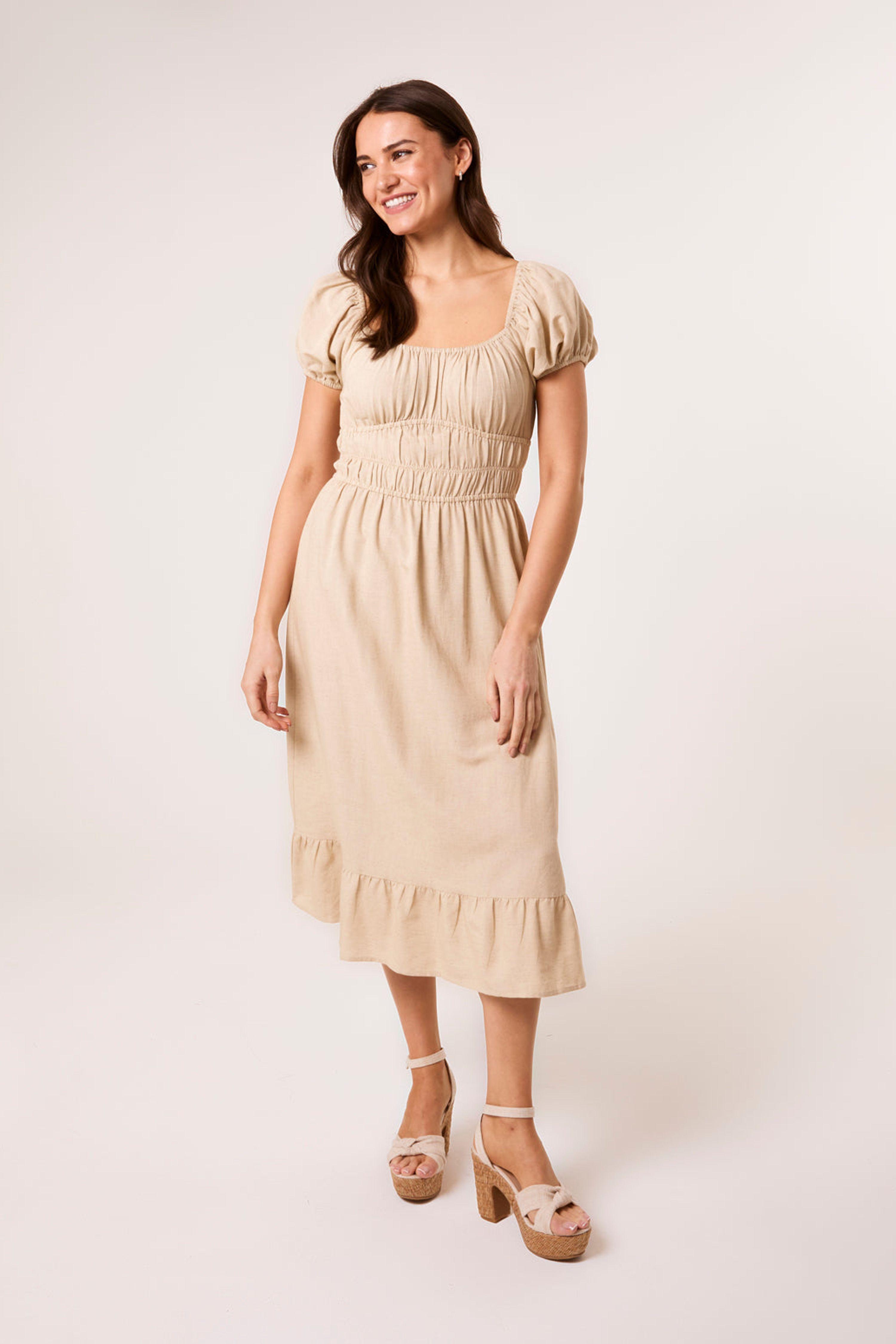 Shirred Waist Stone Short Sleeve Slip On Square Midi Dress by BLUE VANILLA