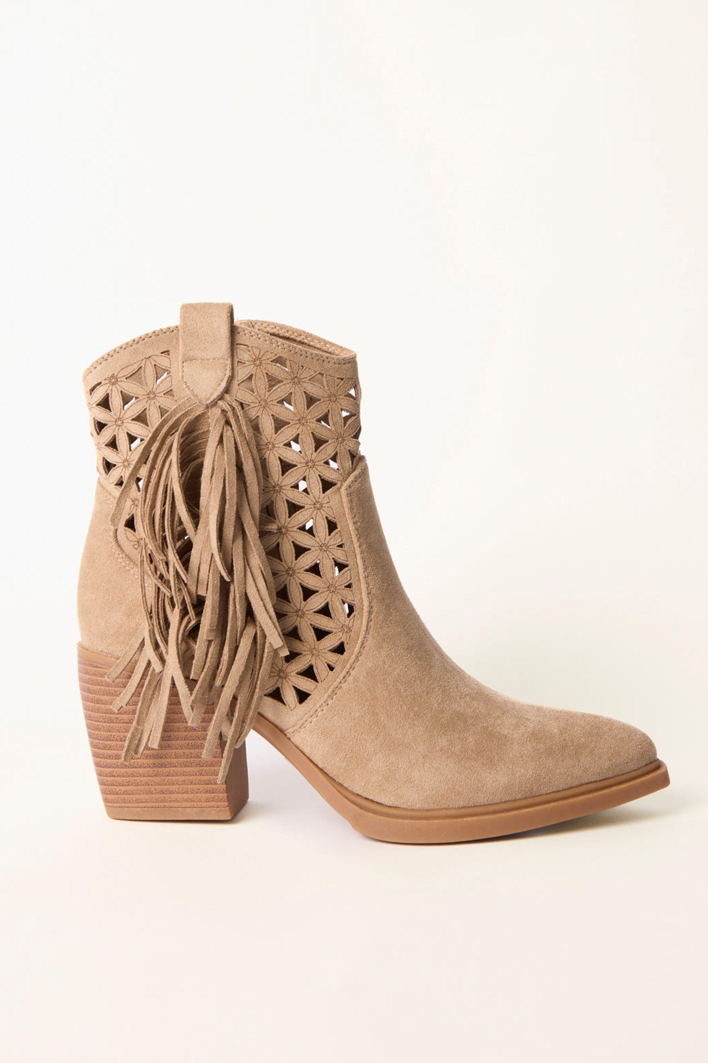 Stone Laser Cut Tassel Cowboy Boots by BLUE VANILLA