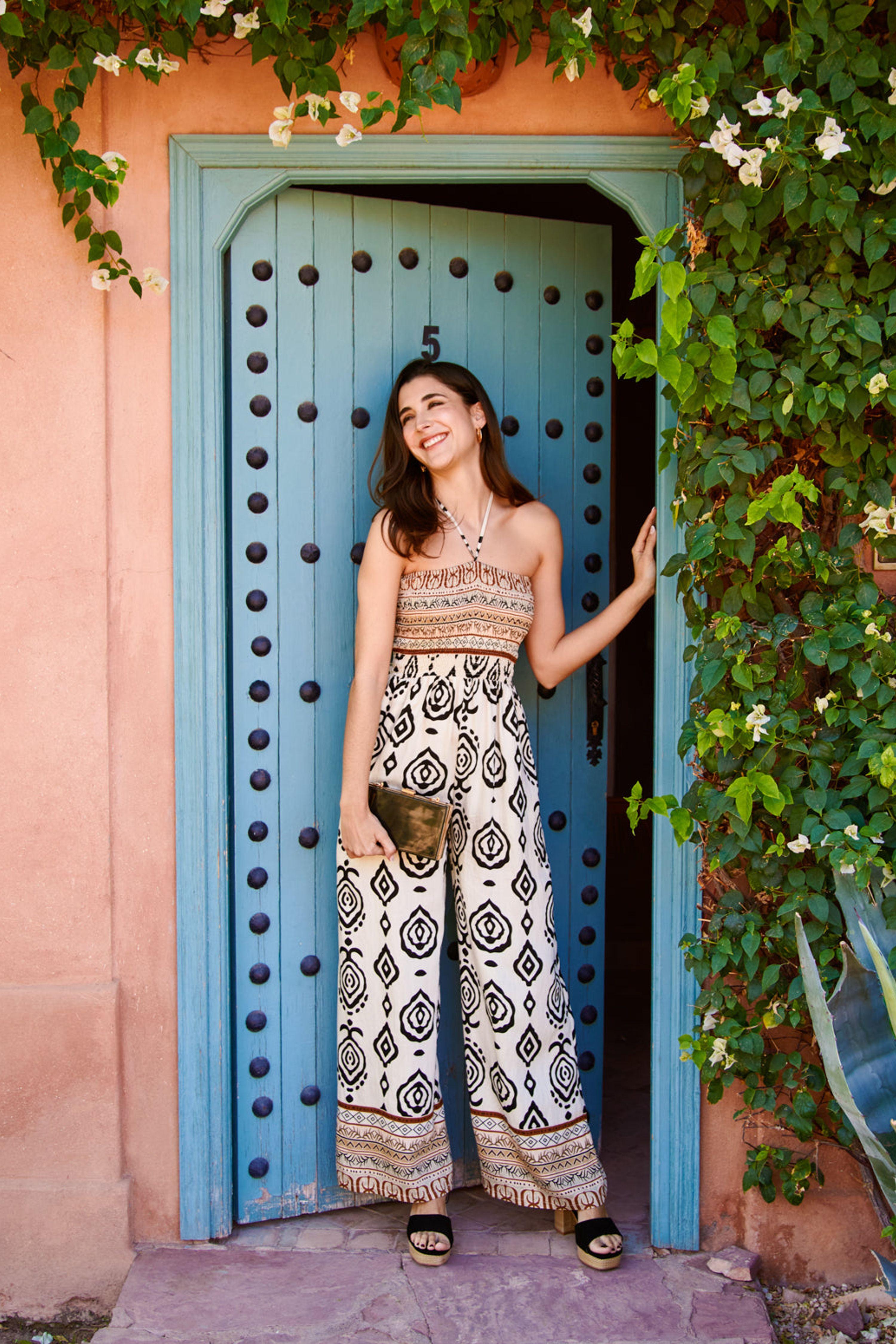 Stone Print Strapless Bandeau Shirred Jumpsuit by BLUE VANILLA