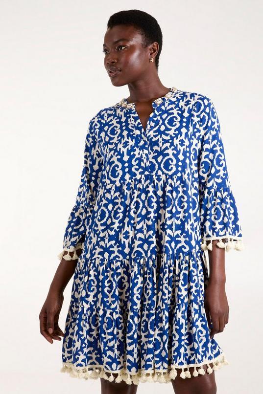 Tassel & Shell Neck Smock Dress by BLUE VANILLA