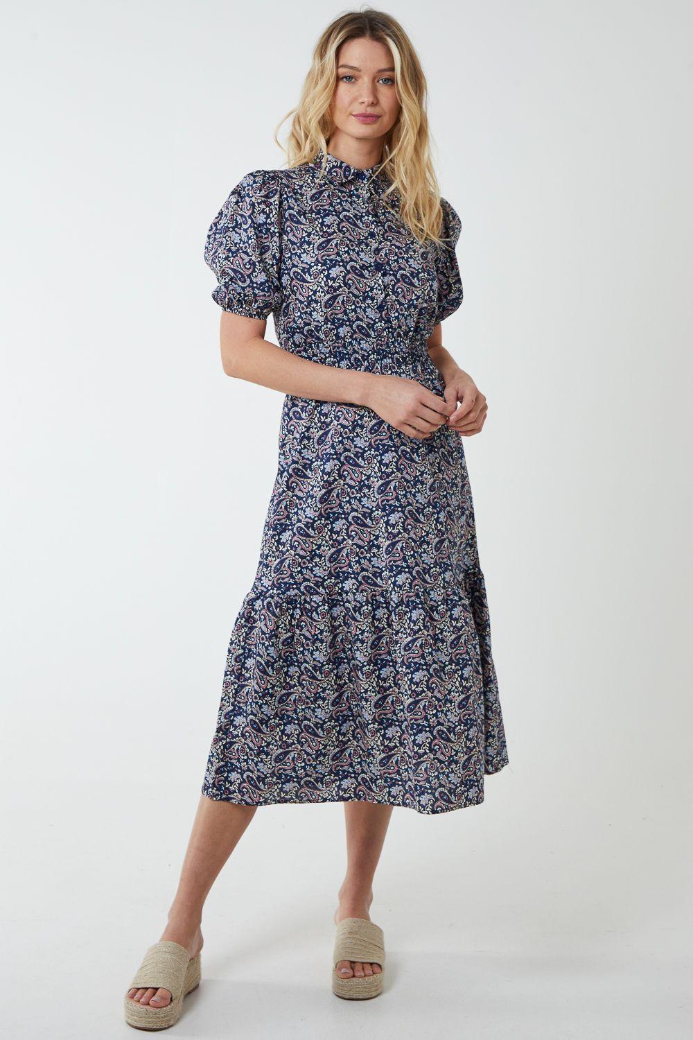 Volume Puff Sleeve Midi Shirt Dress by BLUE VANILLA