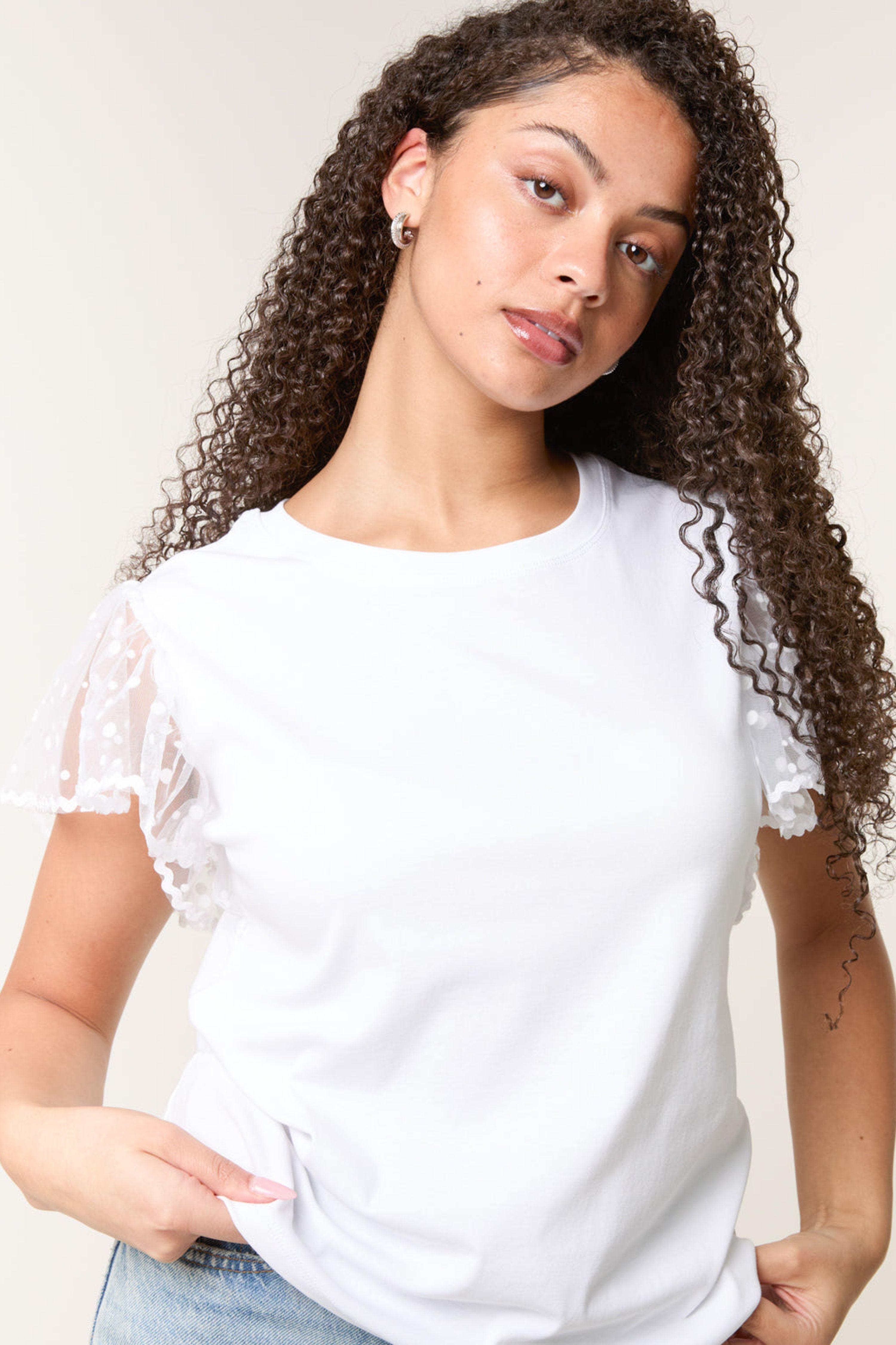 White Polka Dot Mesh Sleeve T-shirt by BLUE VANILLA