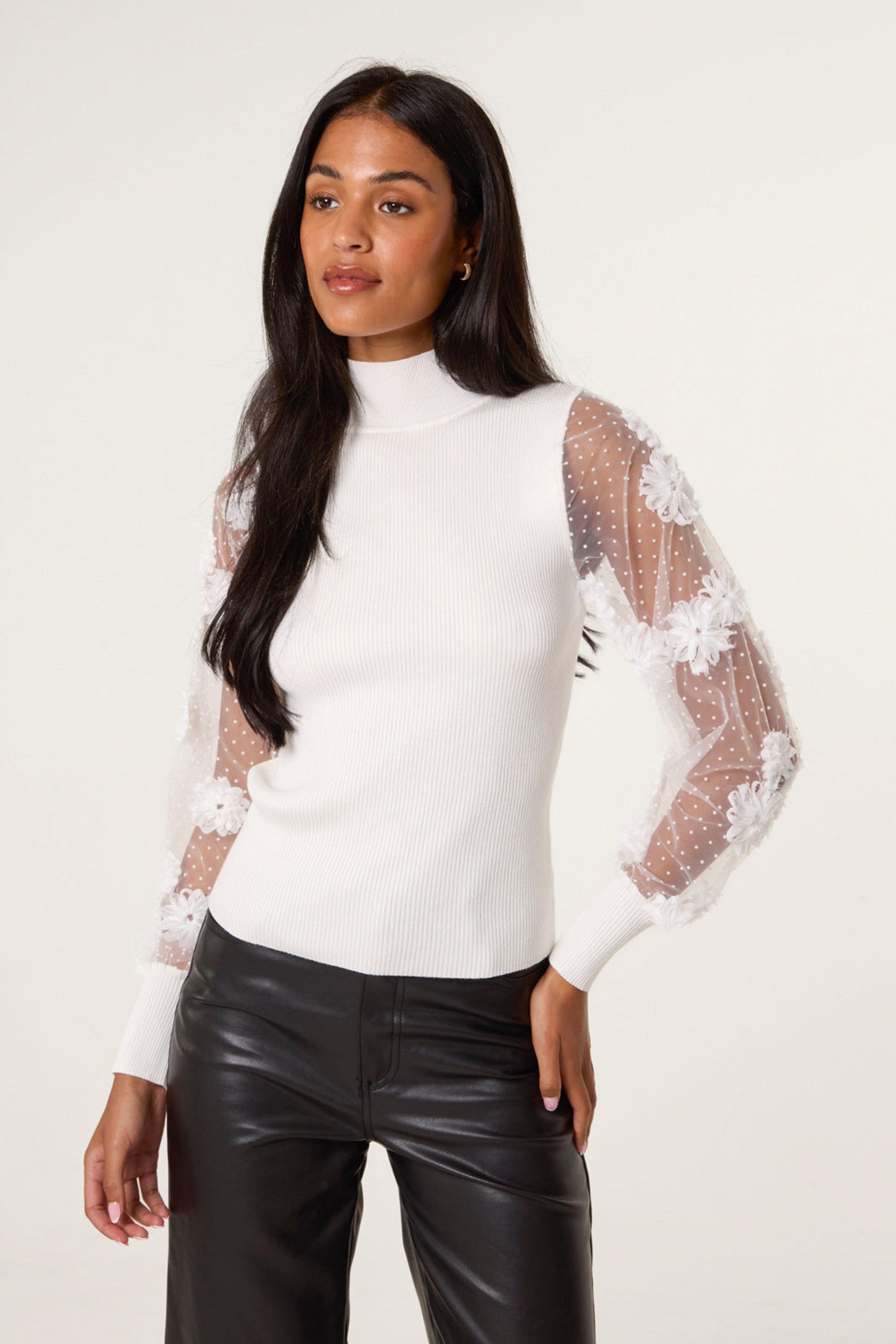 White Turtleneck Jumper With Mesh Polka Dot And Flower Detail by BLUE VANILLA