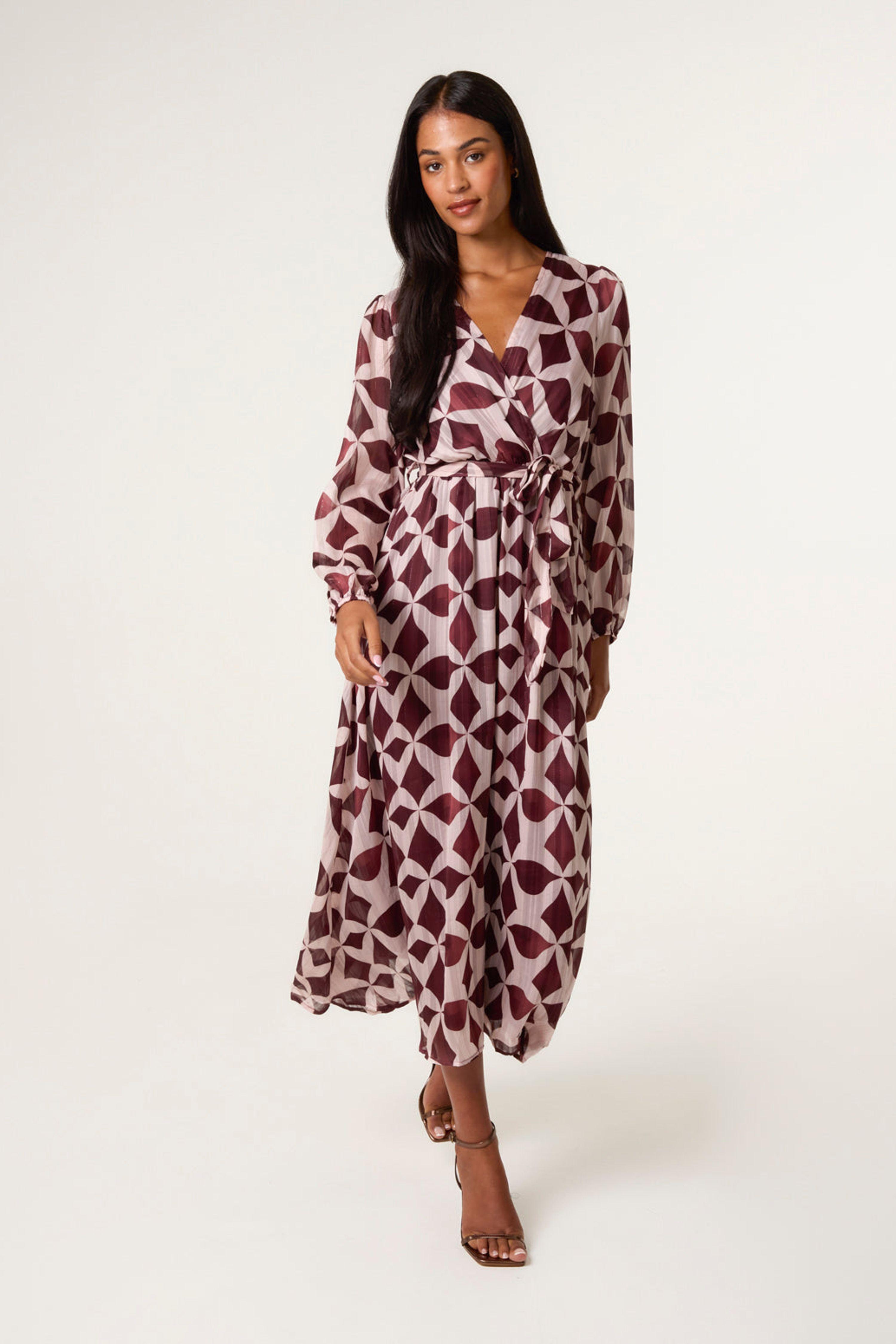 Wine Geometric Metallic Wrap Maxi Dress by BLUE VANILLA